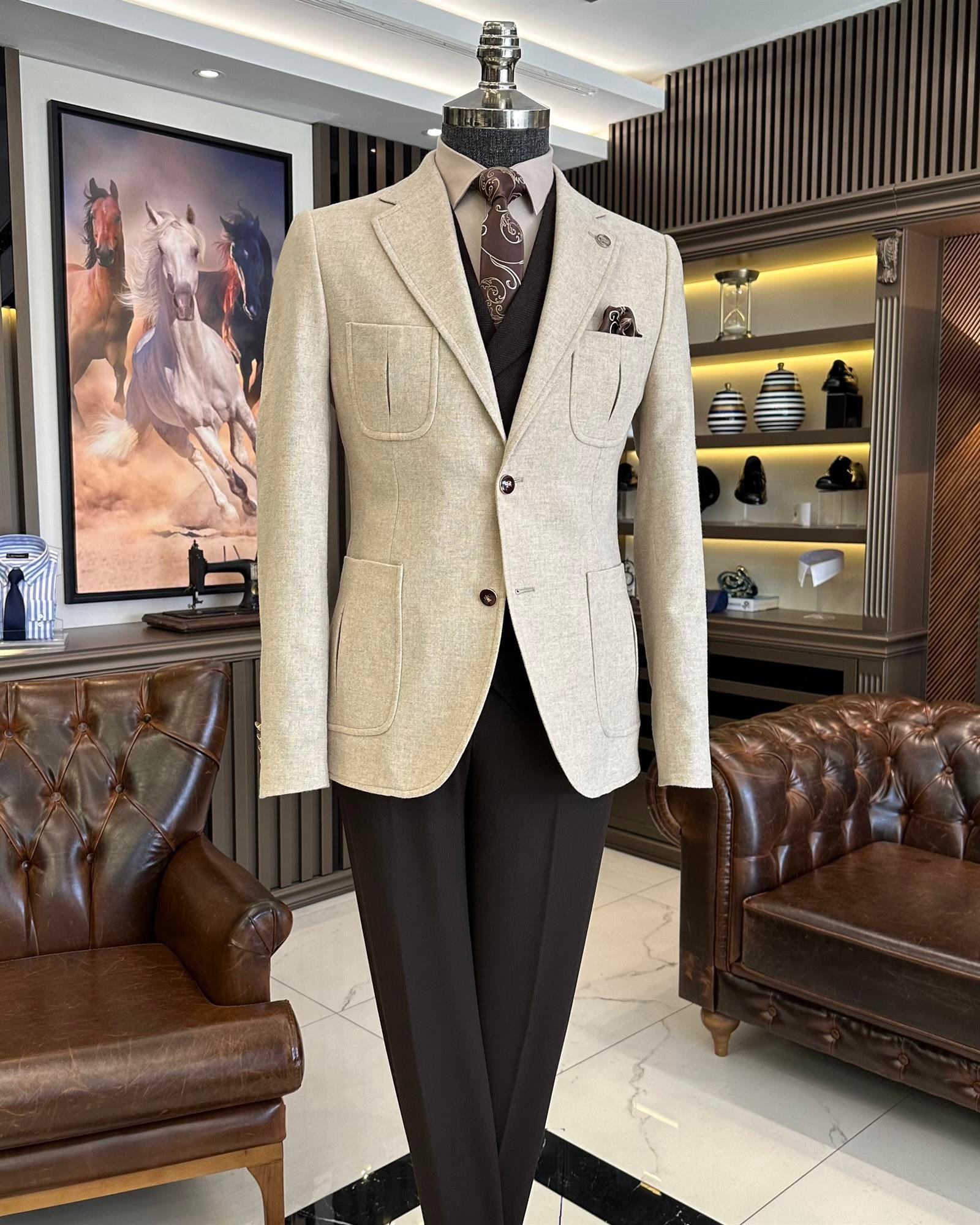 Italian style slim fit wool blend mono collar men's jacket beige T9874