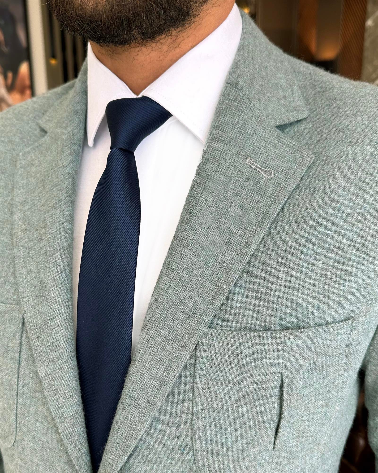İtalyan stil slim fit yün karışımlı mono yaka erkek ceket yeşil T9875