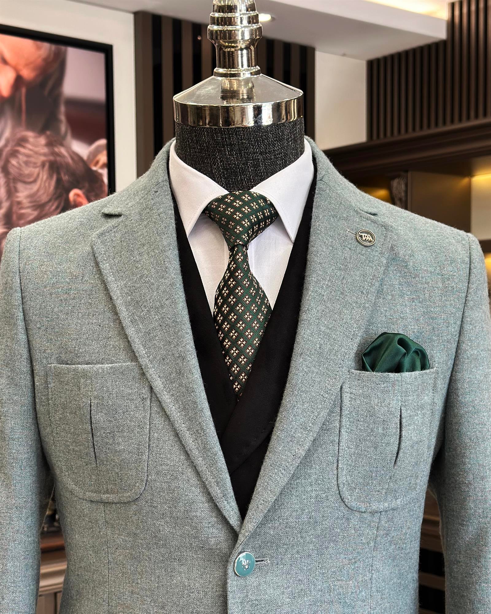 İtalyan stil slim fit yün karışımlı mono yaka erkek ceket yeşil T9875