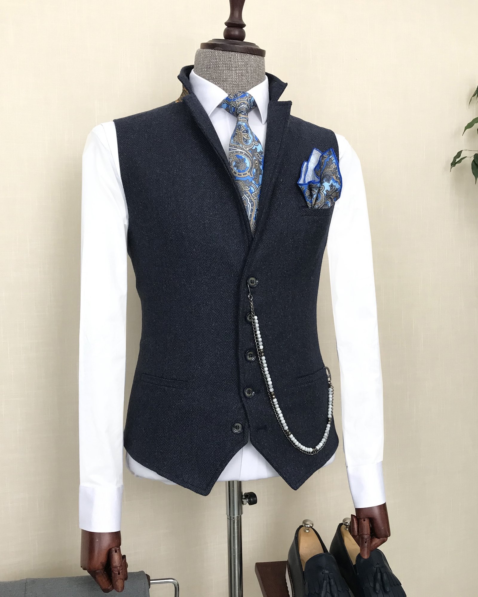 İtalyan stil slim fit yün karışımlı mono yaka cepken yelek Lacivert T8579