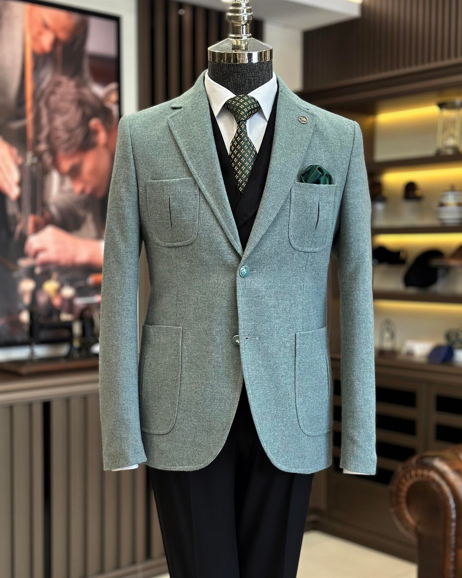 İtalyan stil slim fit yün karışımlı mono yaka erkek ceket yeşil T9875
