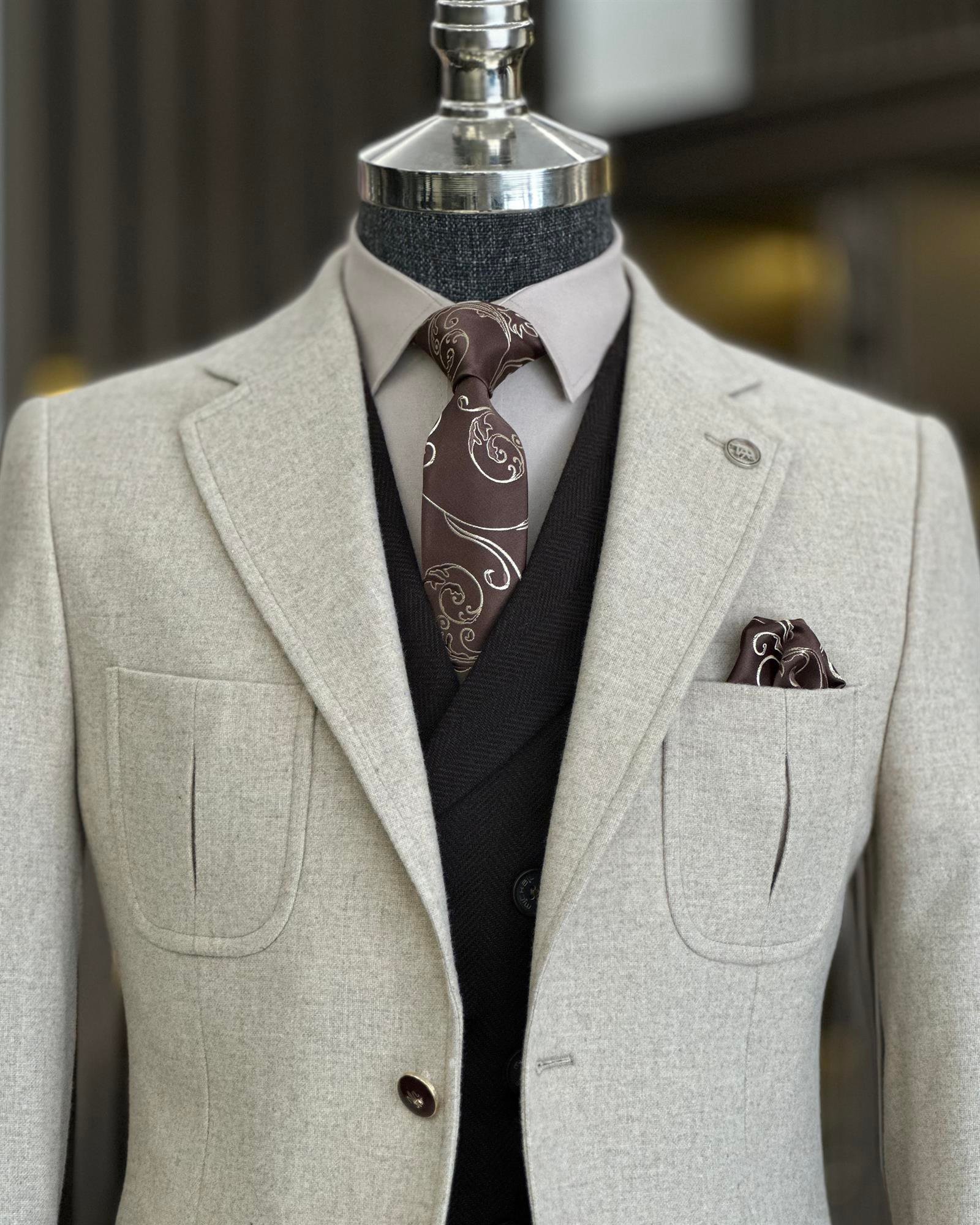 Italian style slim fit wool blend mono collar men's jacket beige T9874