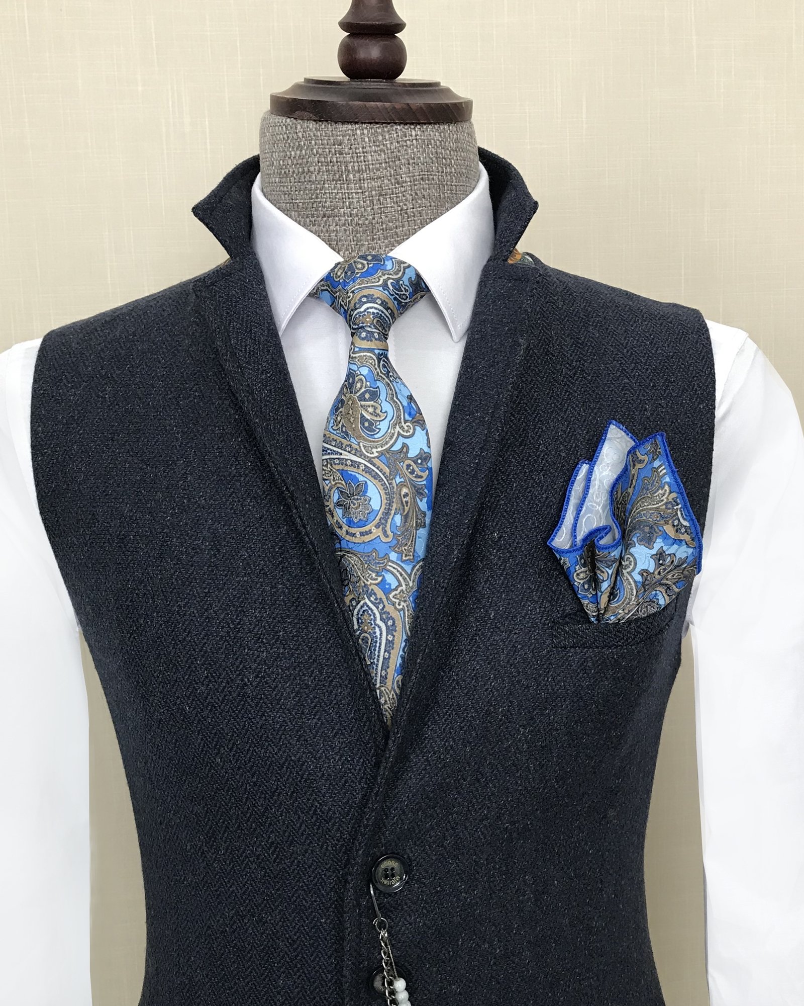 İtalyan stil slim fit yün karışımlı mono yaka cepken yelek Lacivert T8579
