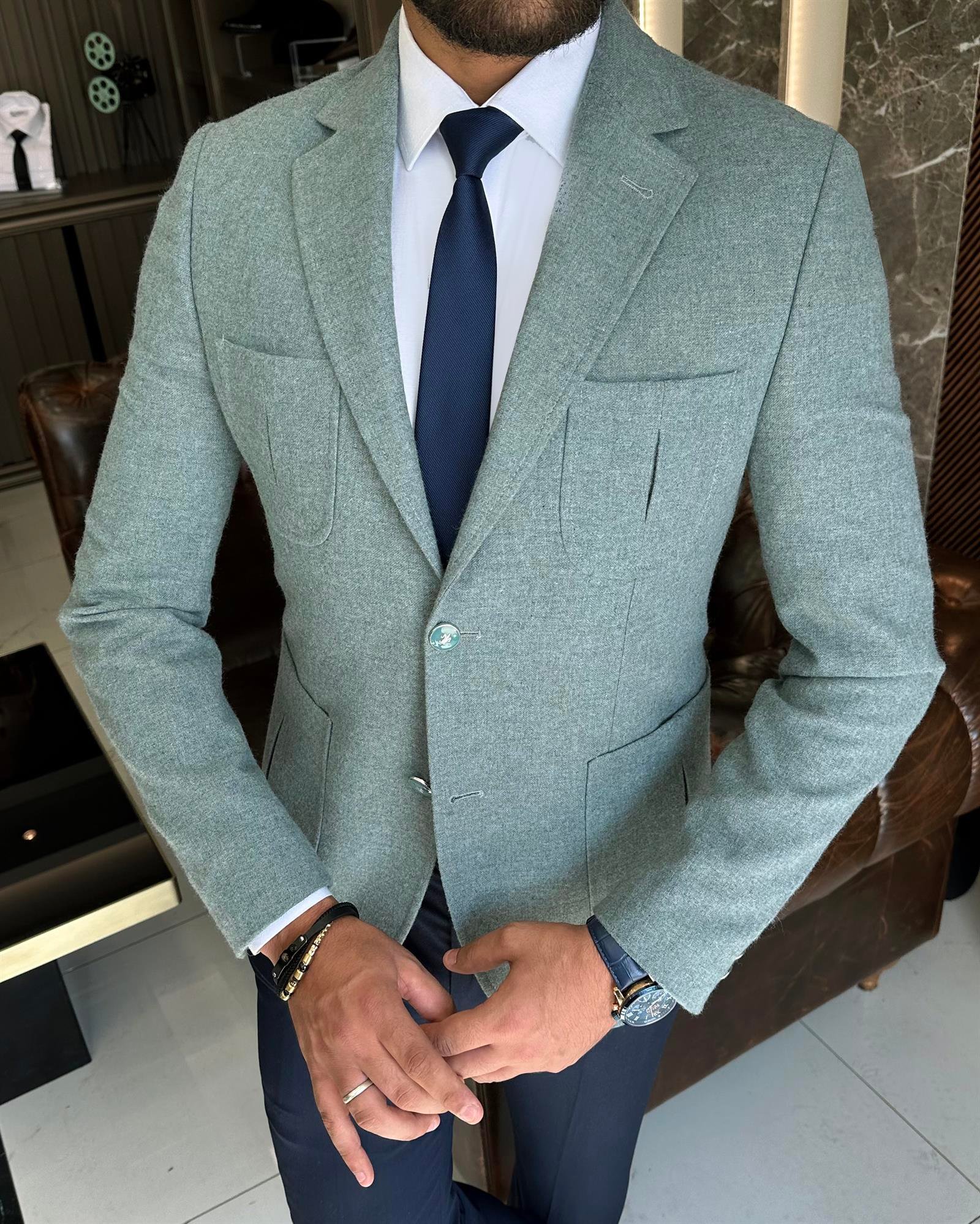 İtalyan stil slim fit yün karışımlı mono yaka erkek ceket yeşil T9875