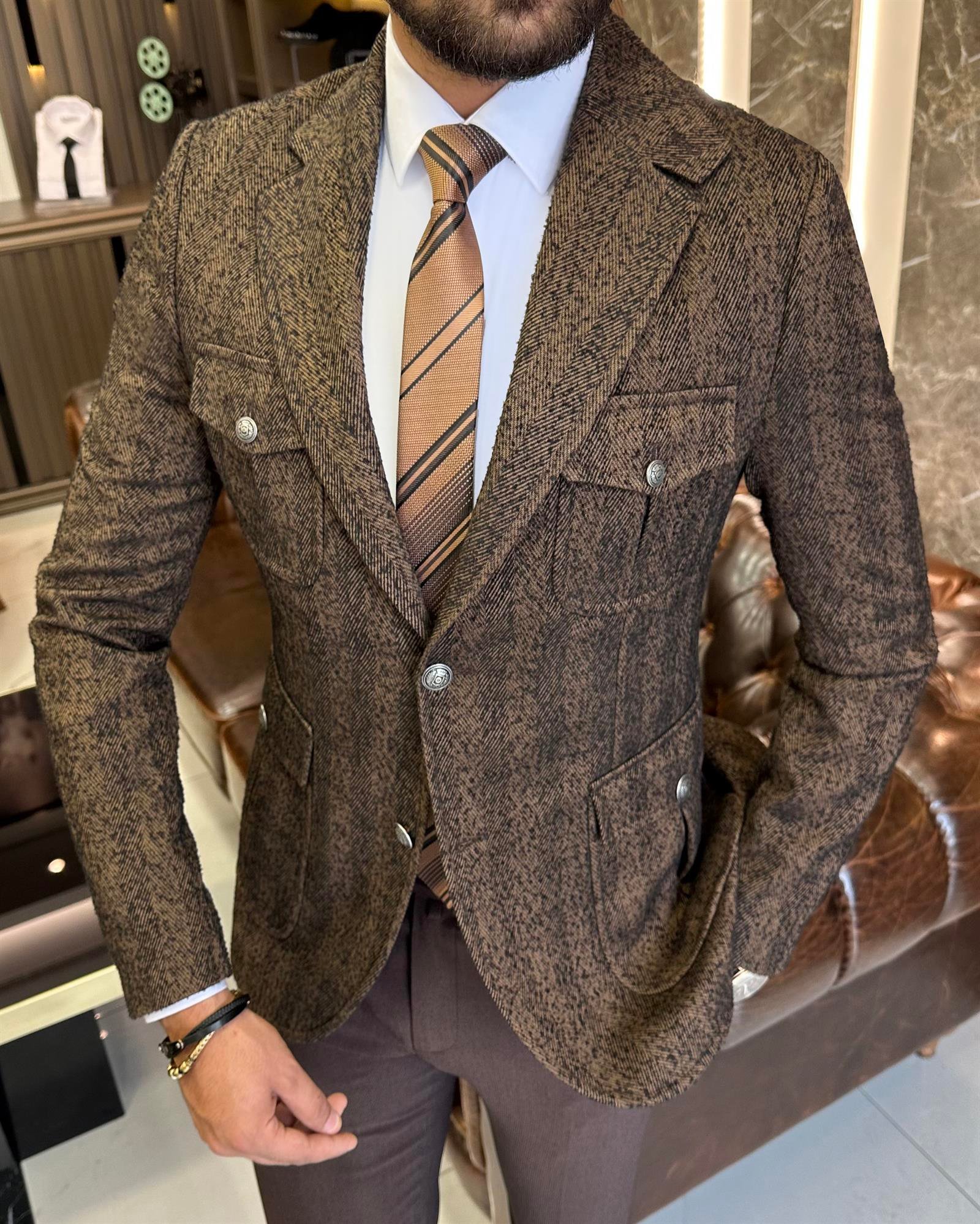 İtalyan stil slim fit yün karışımlı safari erkek ceket kahverengi T9880