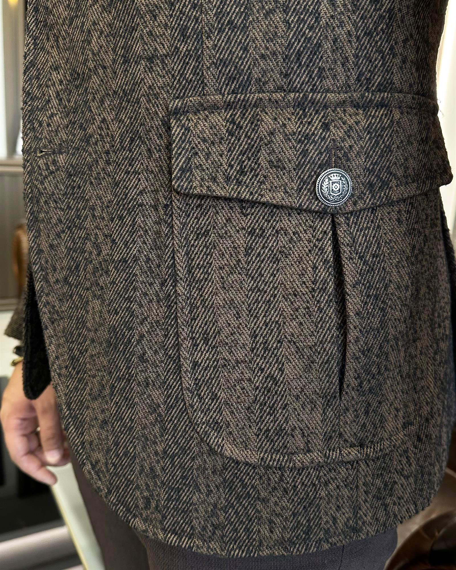 İtalyan stil slim fit yün karışımlı safari erkek ceket kahverengi T9880