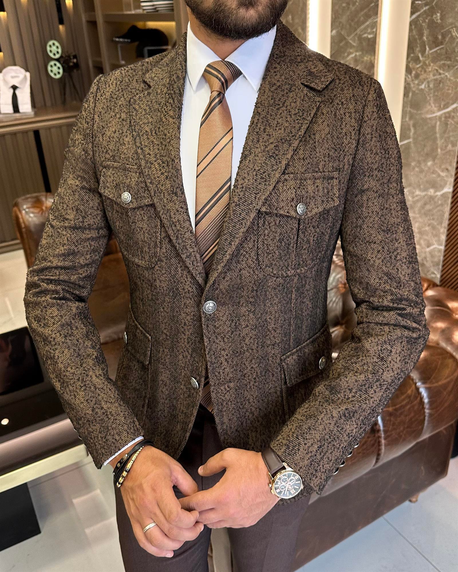 İtalyan stil slim fit yün karışımlı safari erkek ceket kahverengi T9880