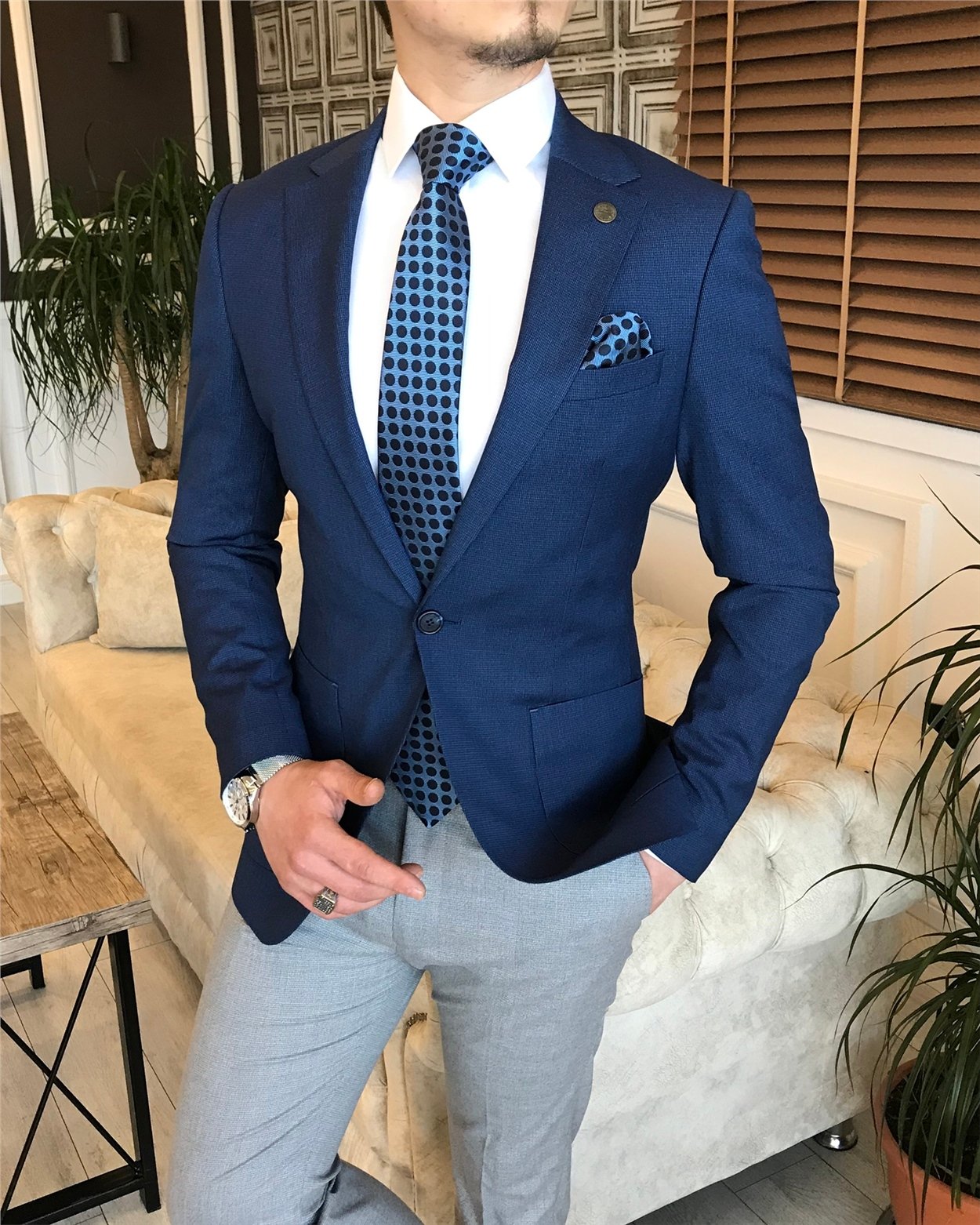 İtalyan stil torba cep mono yaka erkek blazer tek ceket Lacivert T5562