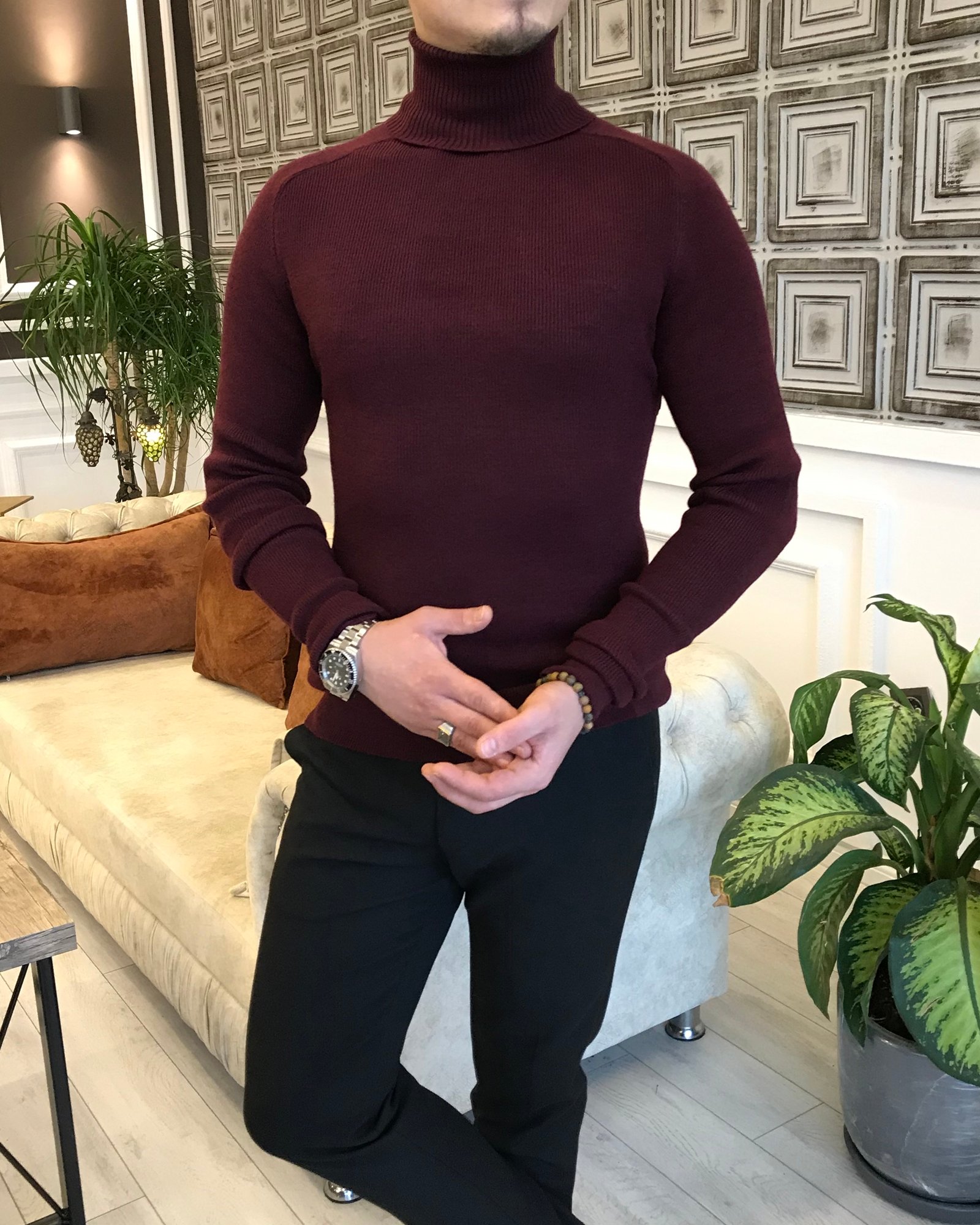 İtalyan Stil Triko Balıkçıl Yaka Boğazlı Kazak Bordo T4497