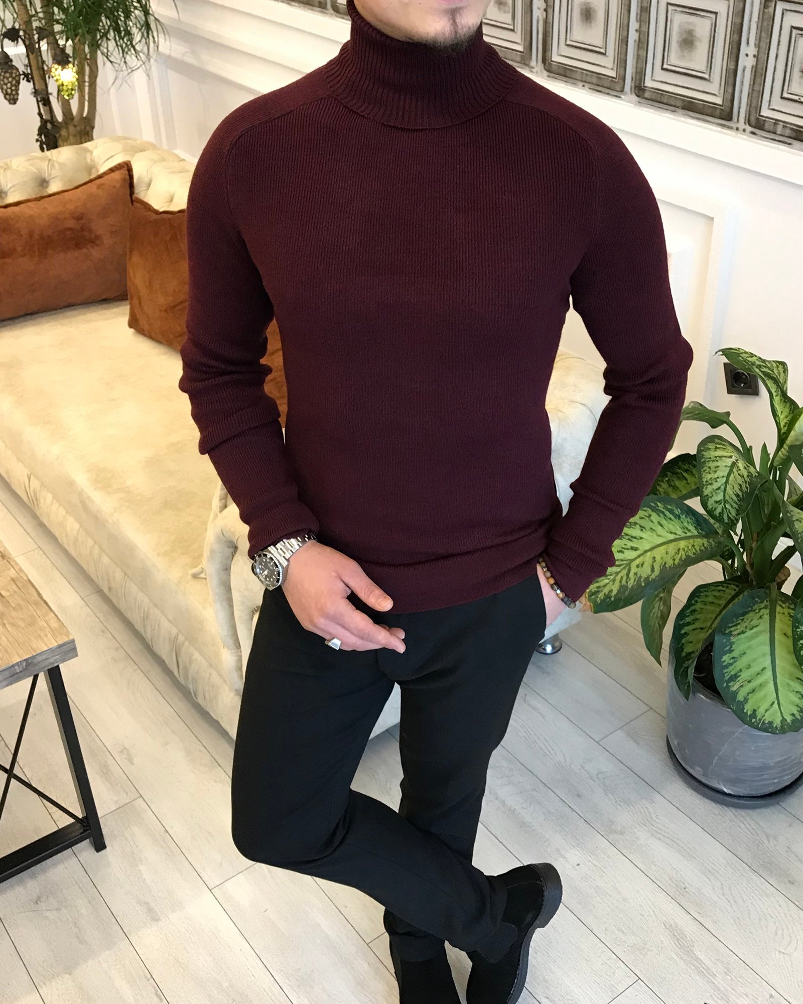 İtalyan Stil Triko Balıkçıl Yaka Boğazlı Kazak Bordo T4497