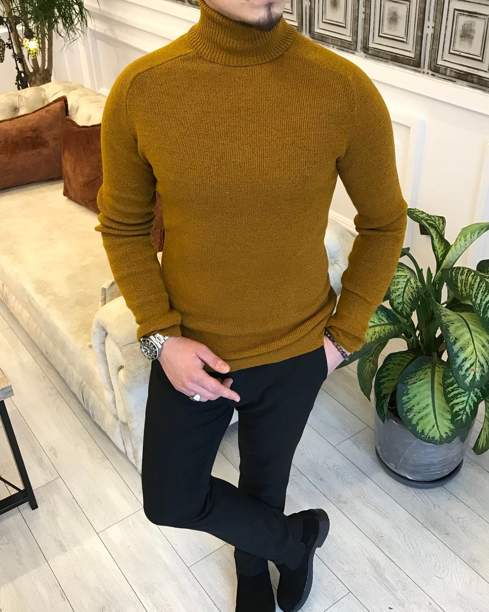 İtalyan Stil Triko Balıkçı Yaka Boğazlı Kazak Taba T3929