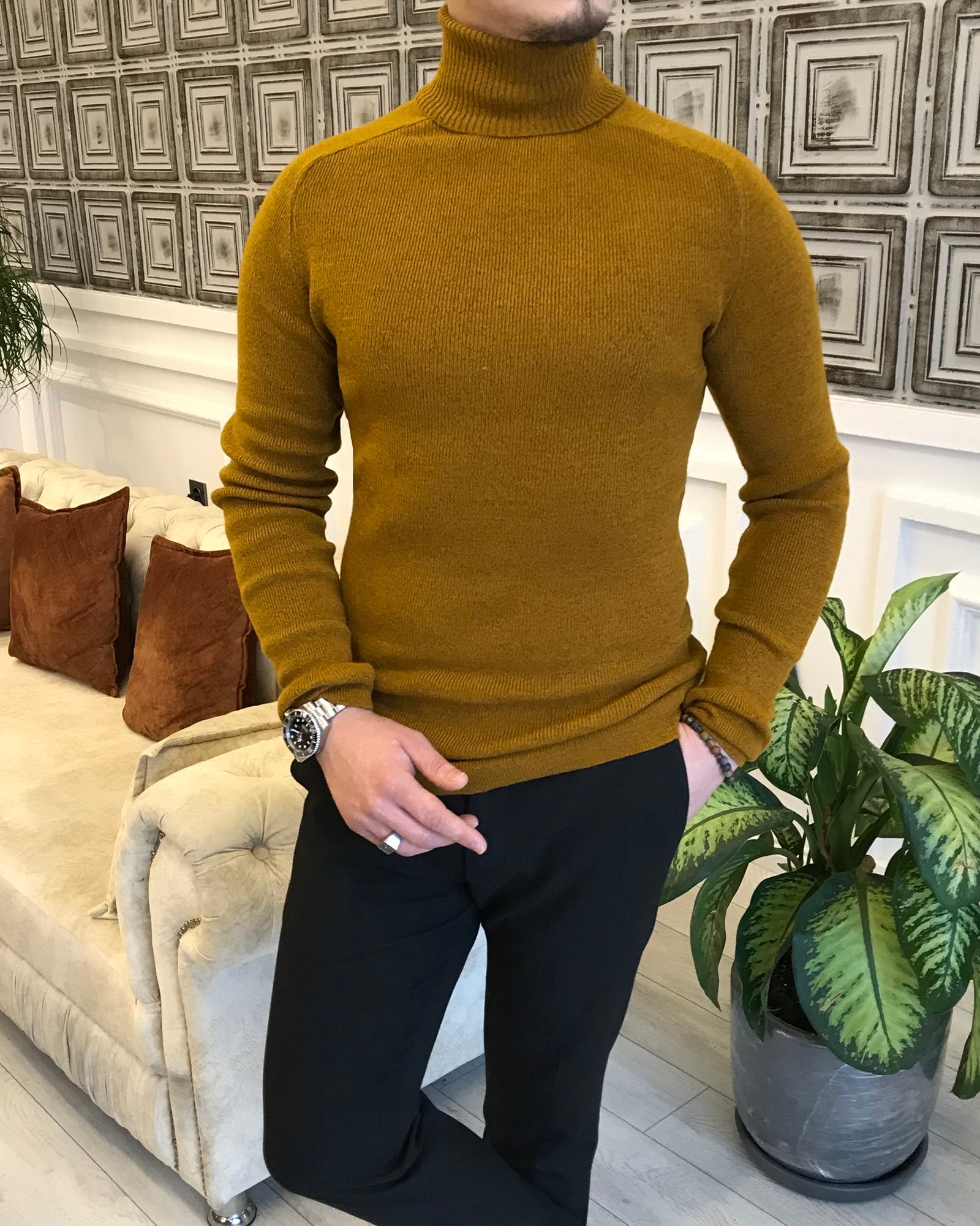 İtalyan Stil Triko Balıkçı Yaka Boğazlı Kazak Taba T3929