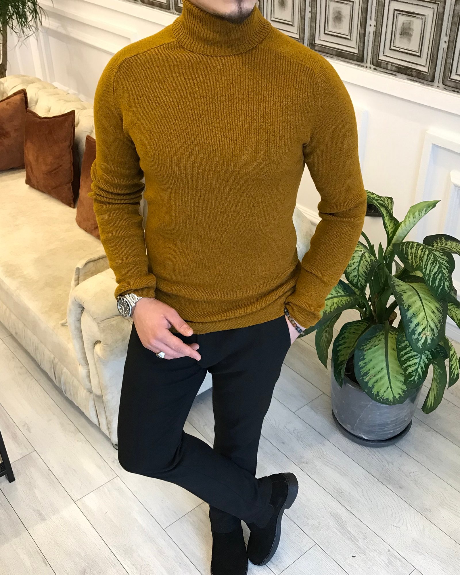 İtalyan Stil Triko Balıkçı Yaka Boğazlı Kazak Taba T3929