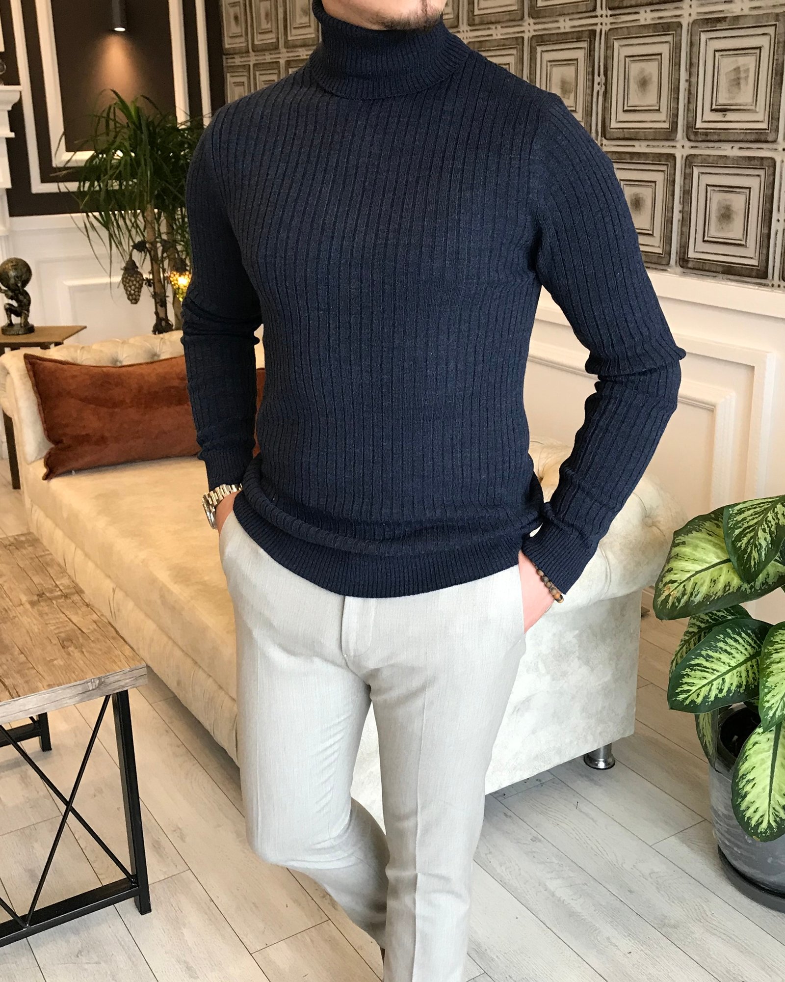 İtalyan Stil Triko Fitilli Balıkçı Yaka Boğazlı Kazak Lacivert T5023