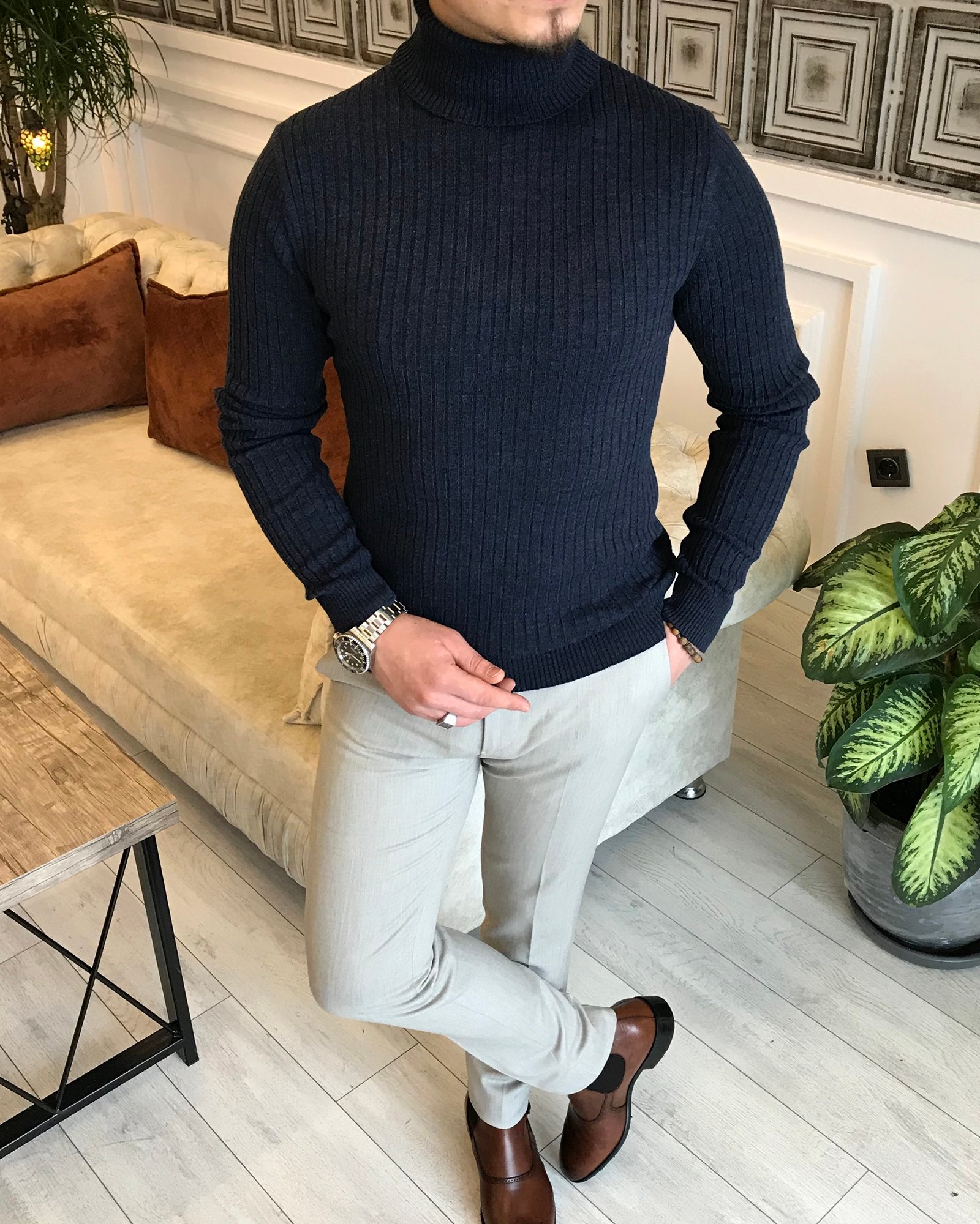 İtalyan Stil Triko Fitilli Balıkçı Yaka Boğazlı Kazak Lacivert T5023