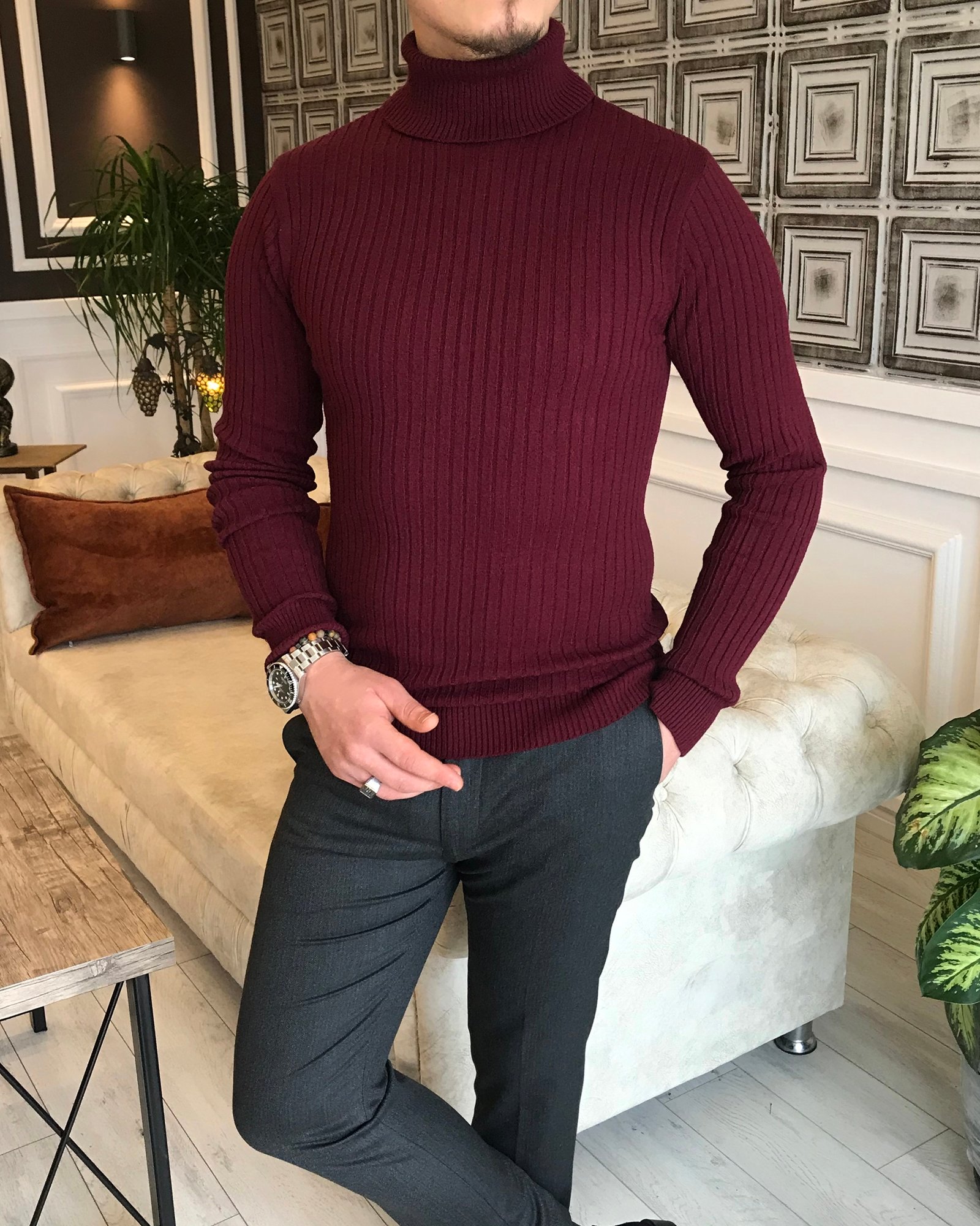 İtalyan Stil Triko Fitilli Balıkçıl Yaka Boğazlı Kazak Bordo T3931