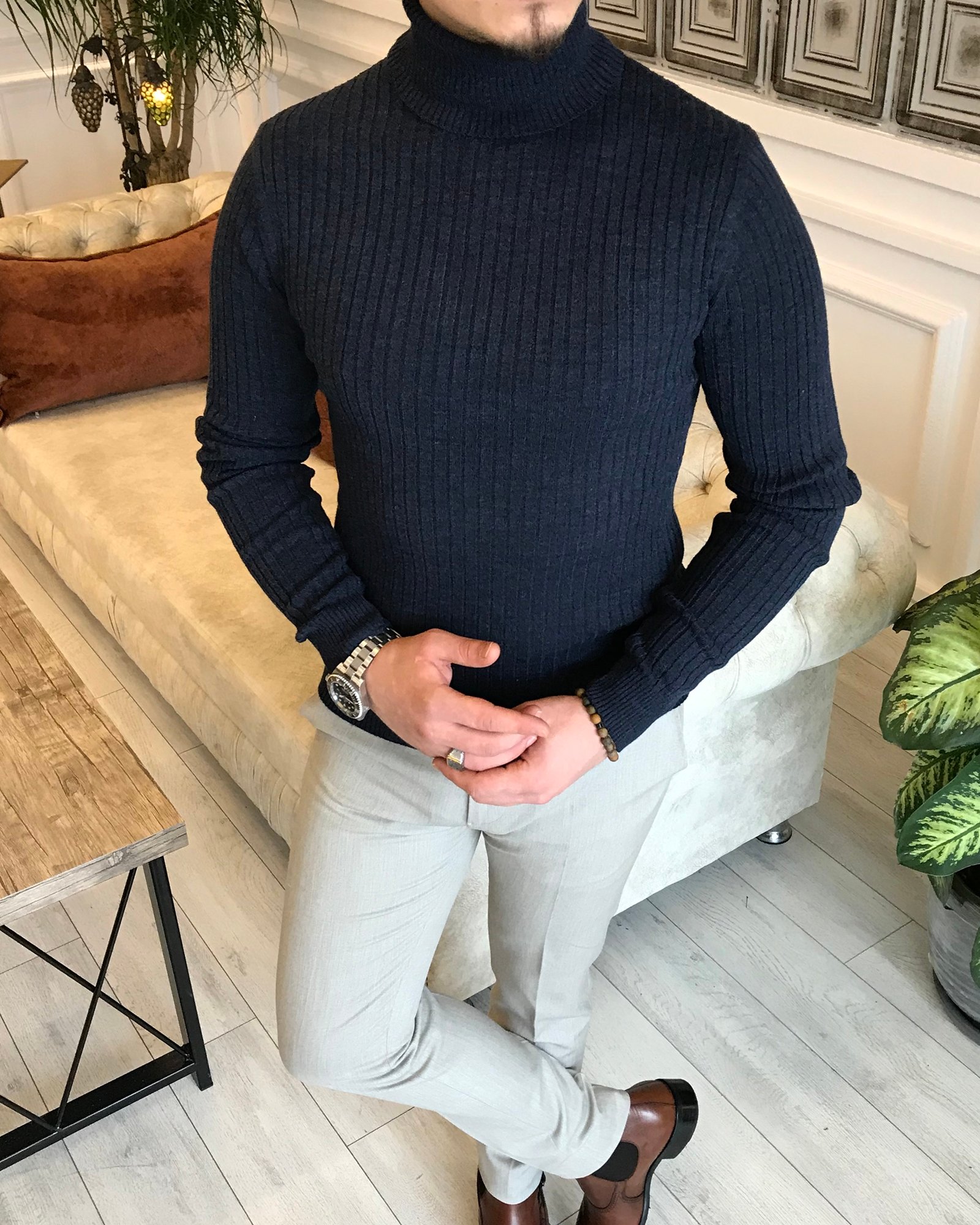 İtalyan Stil Triko Fitilli Balıkçı Yaka Boğazlı Kazak Lacivert T5023