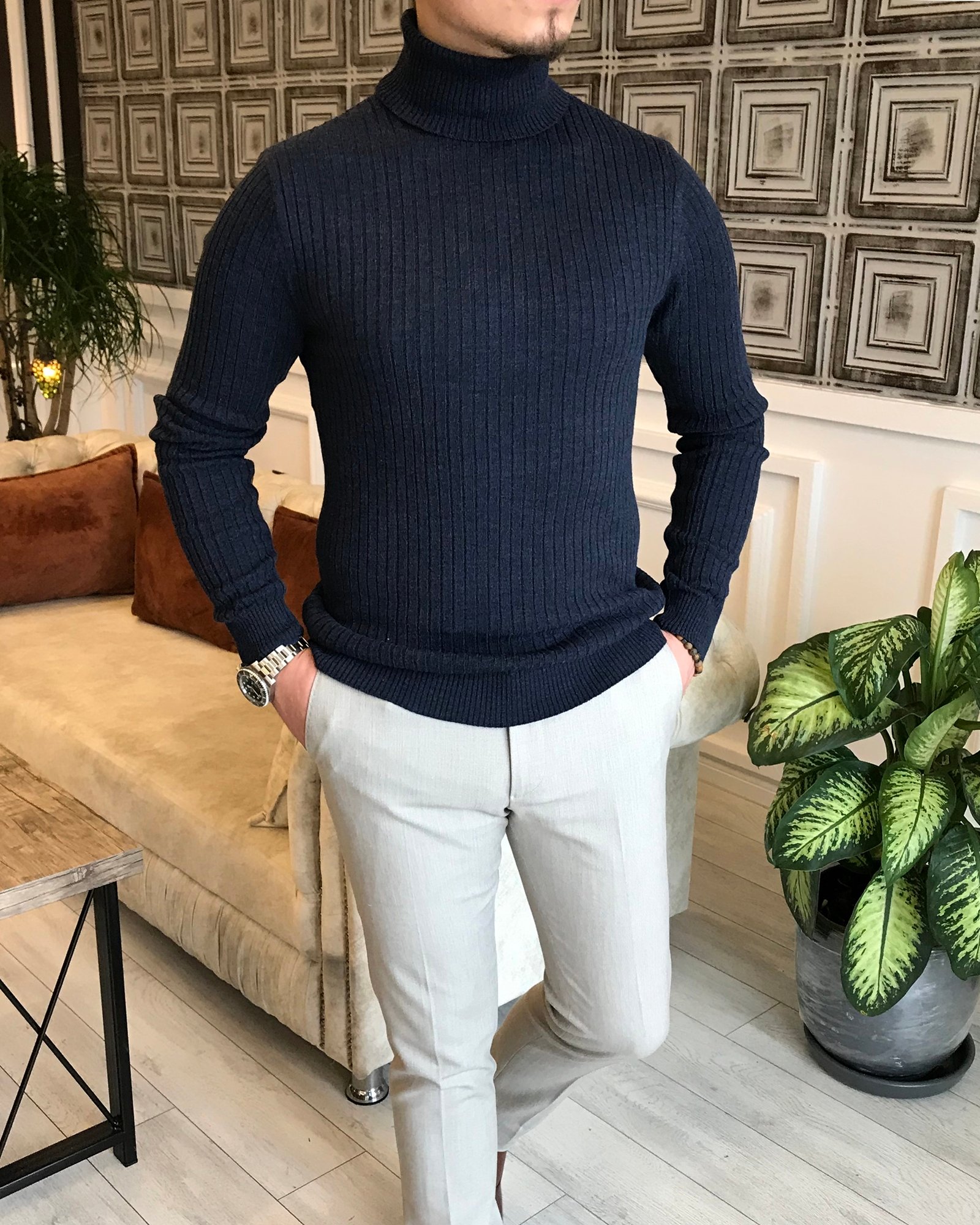 İtalyan Stil Triko Fitilli Balıkçı Yaka Boğazlı Kazak Lacivert T5023