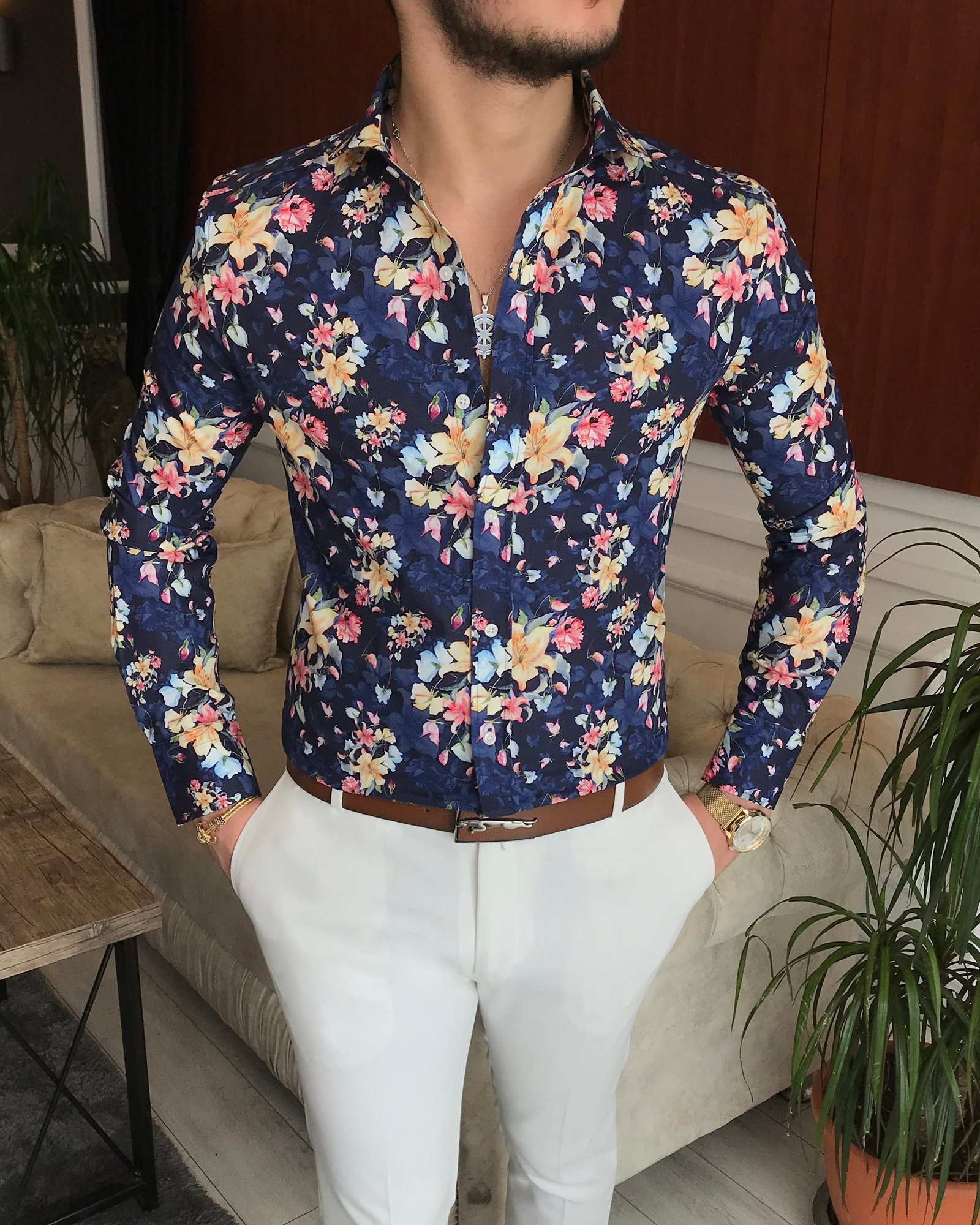 İtalyan yaka slim fit erkek desenli pamuk gömlek Lacivert T6869