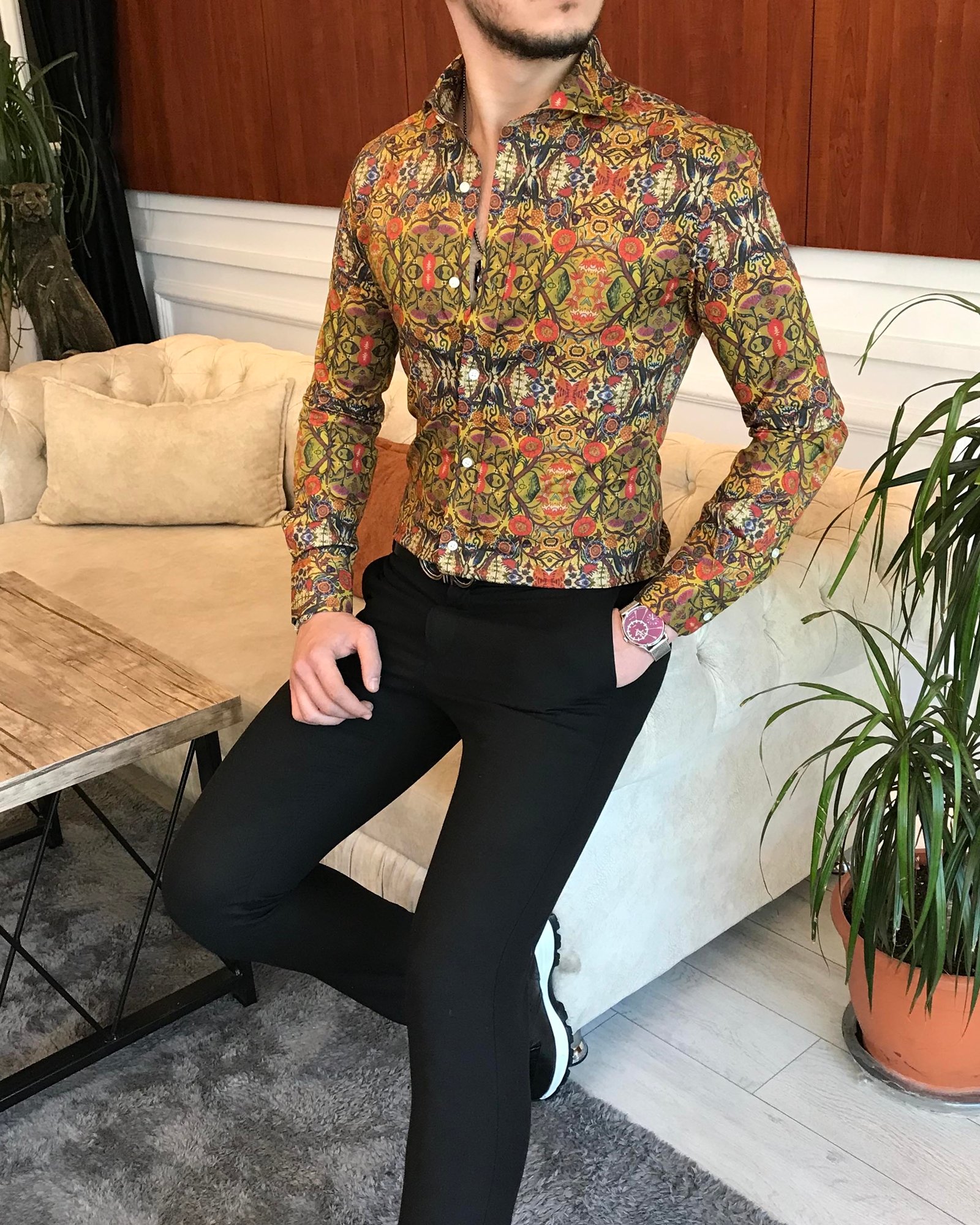 İtalyan yaka slim fit erkek desenli pamuk gömlek Çok Renkli T7029