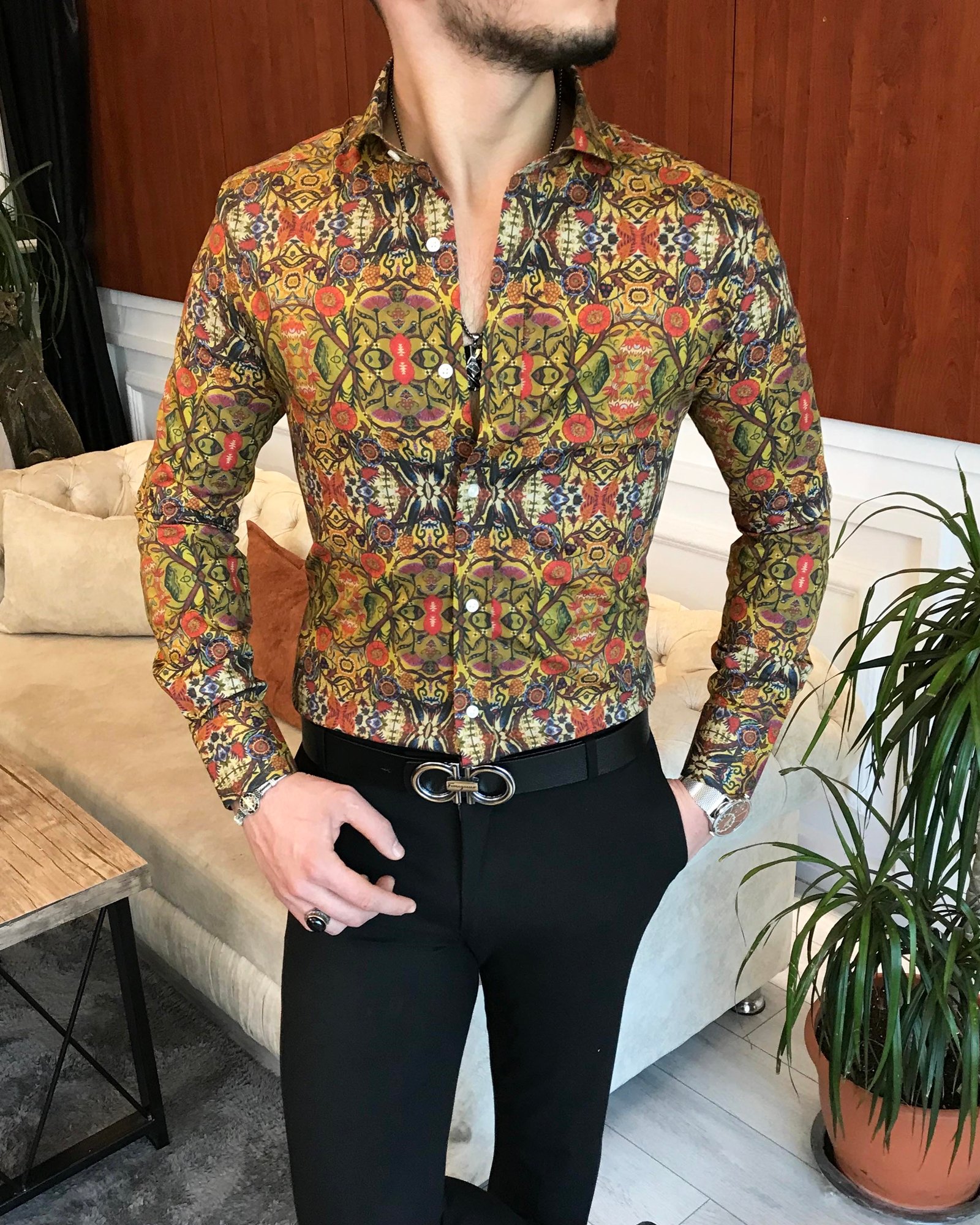 İtalyan yaka slim fit erkek desenli pamuk gömlek Çok Renkli T7029