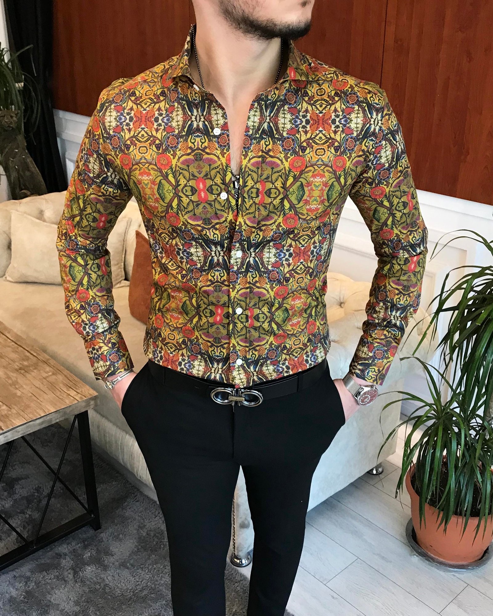 İtalyan yaka slim fit erkek desenli pamuk gömlek Çok Renkli T7029