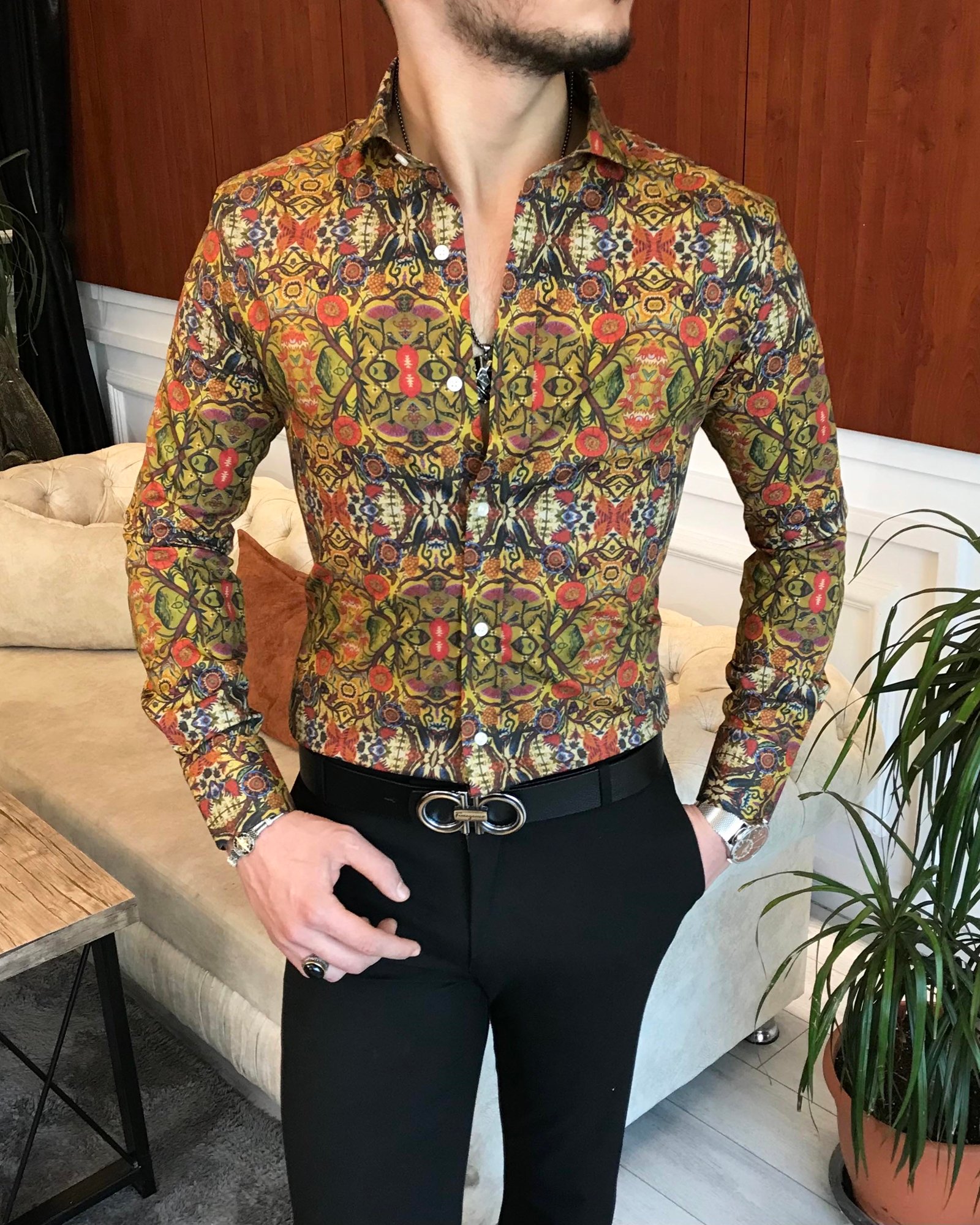 İtalyan yaka slim fit erkek desenli pamuk gömlek Çok Renkli T7029
