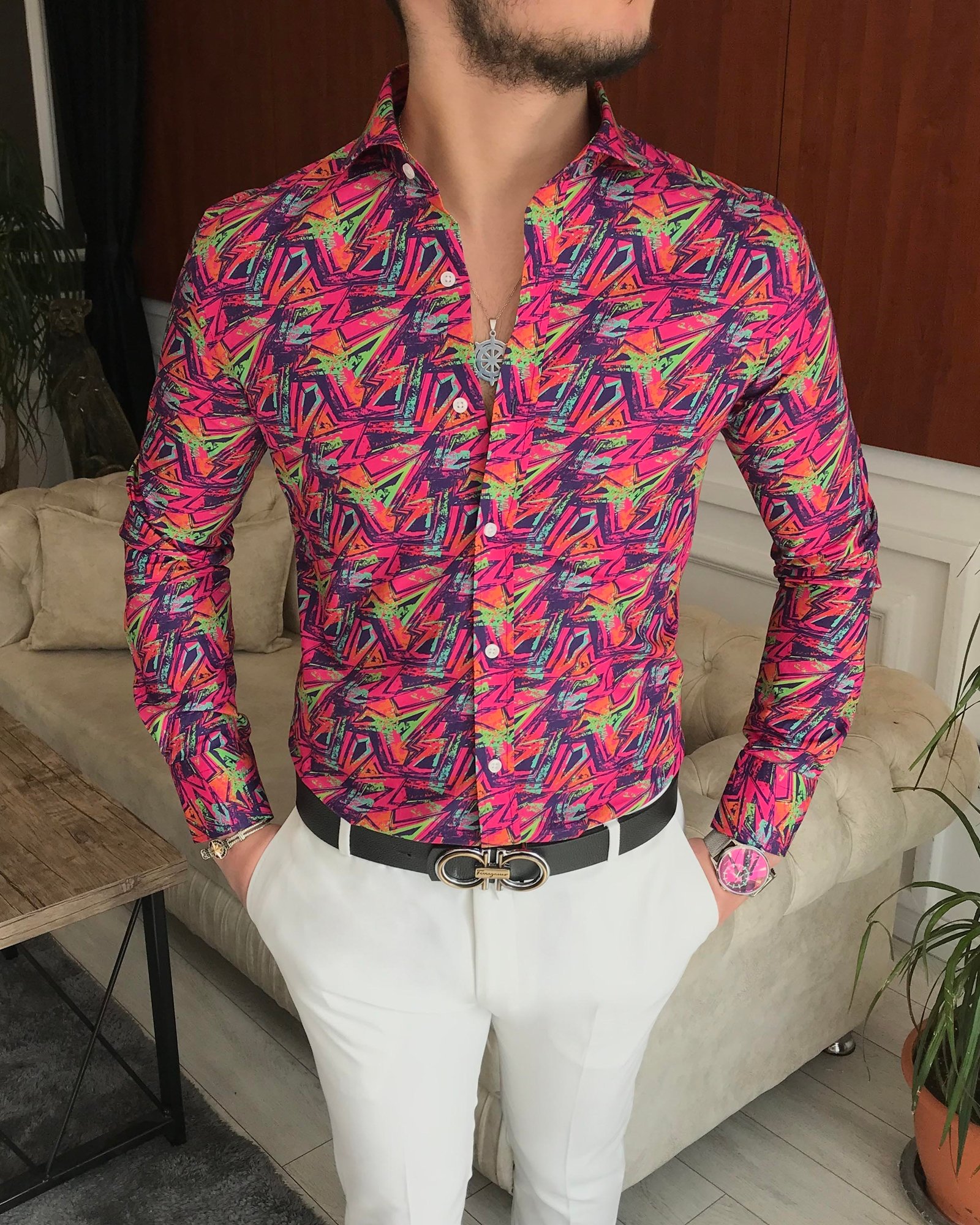 İtalyan yaka slim fit erkek desenli pamuk gömlek Pembe T6866