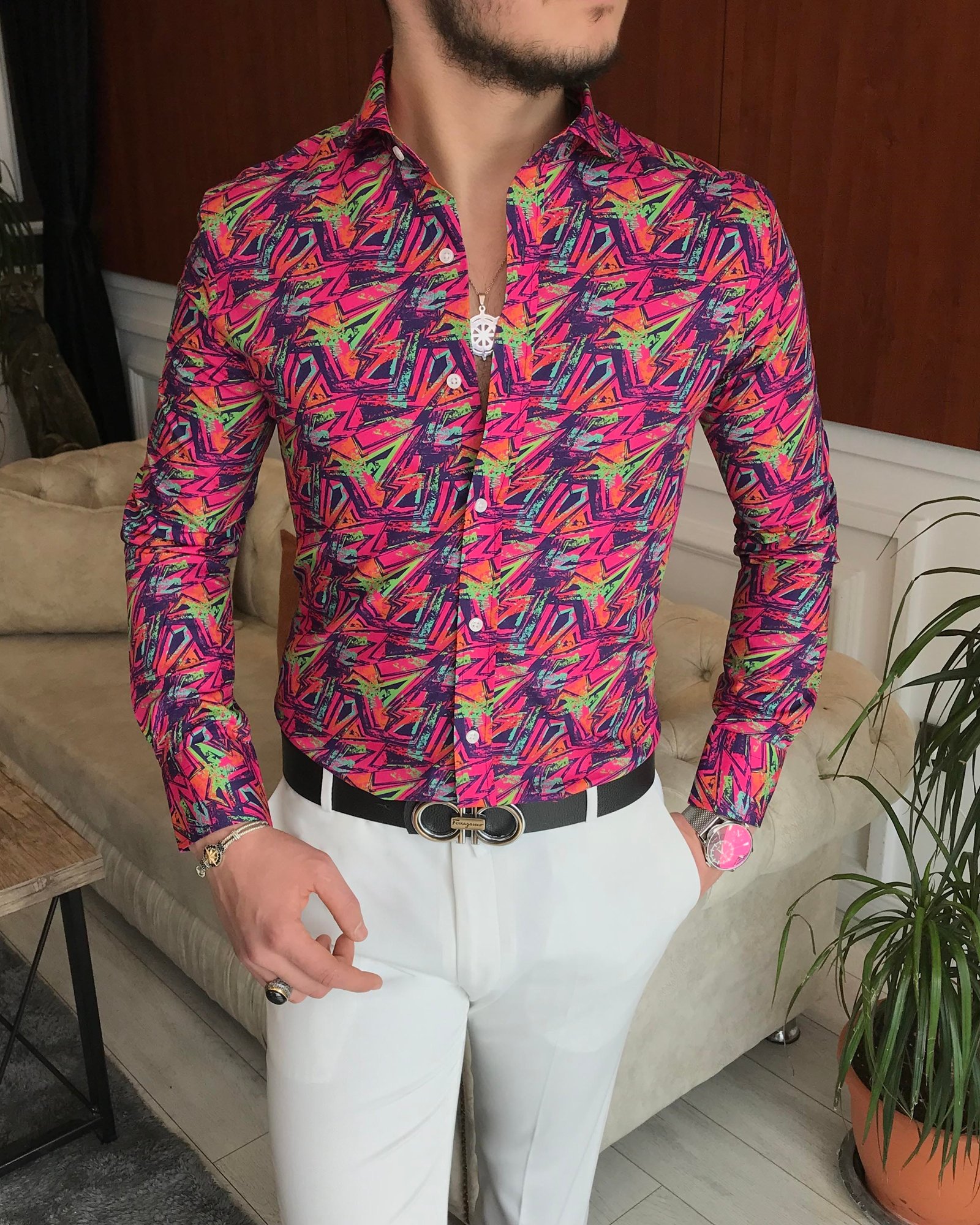 İtalyan yaka slim fit erkek desenli pamuk gömlek Pembe T6866
