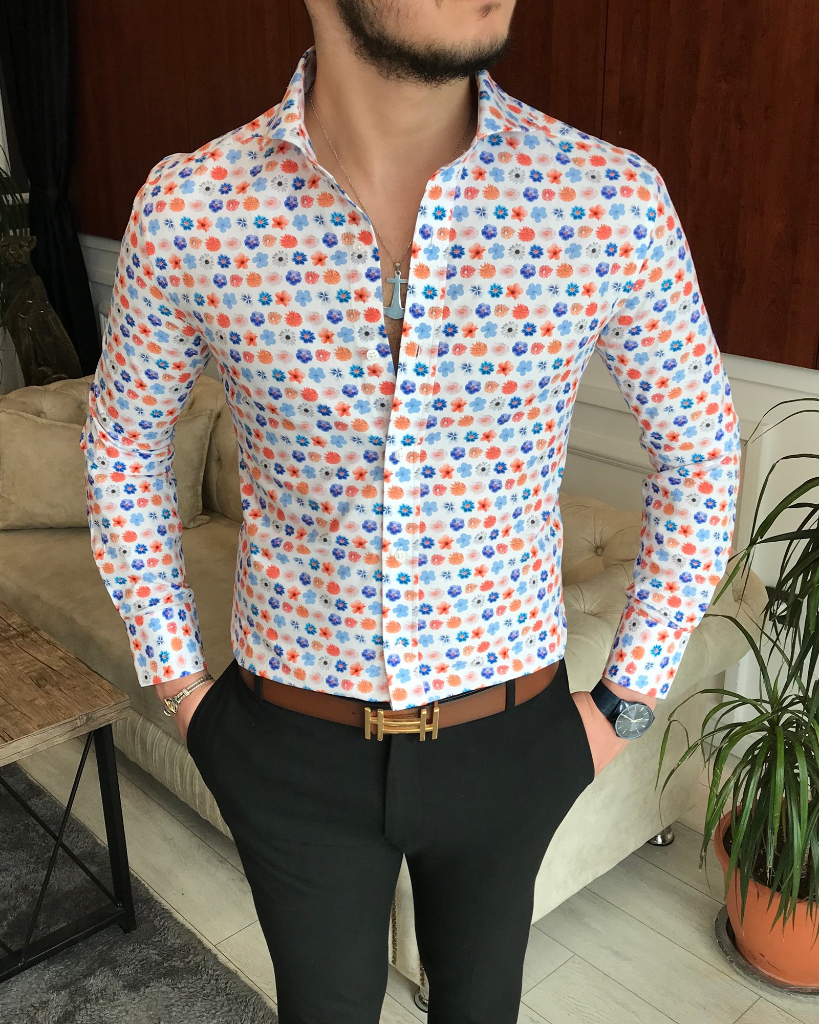 İtalyan yaka slim fit erkek desenli pamuk gömlek Beyaz T6874