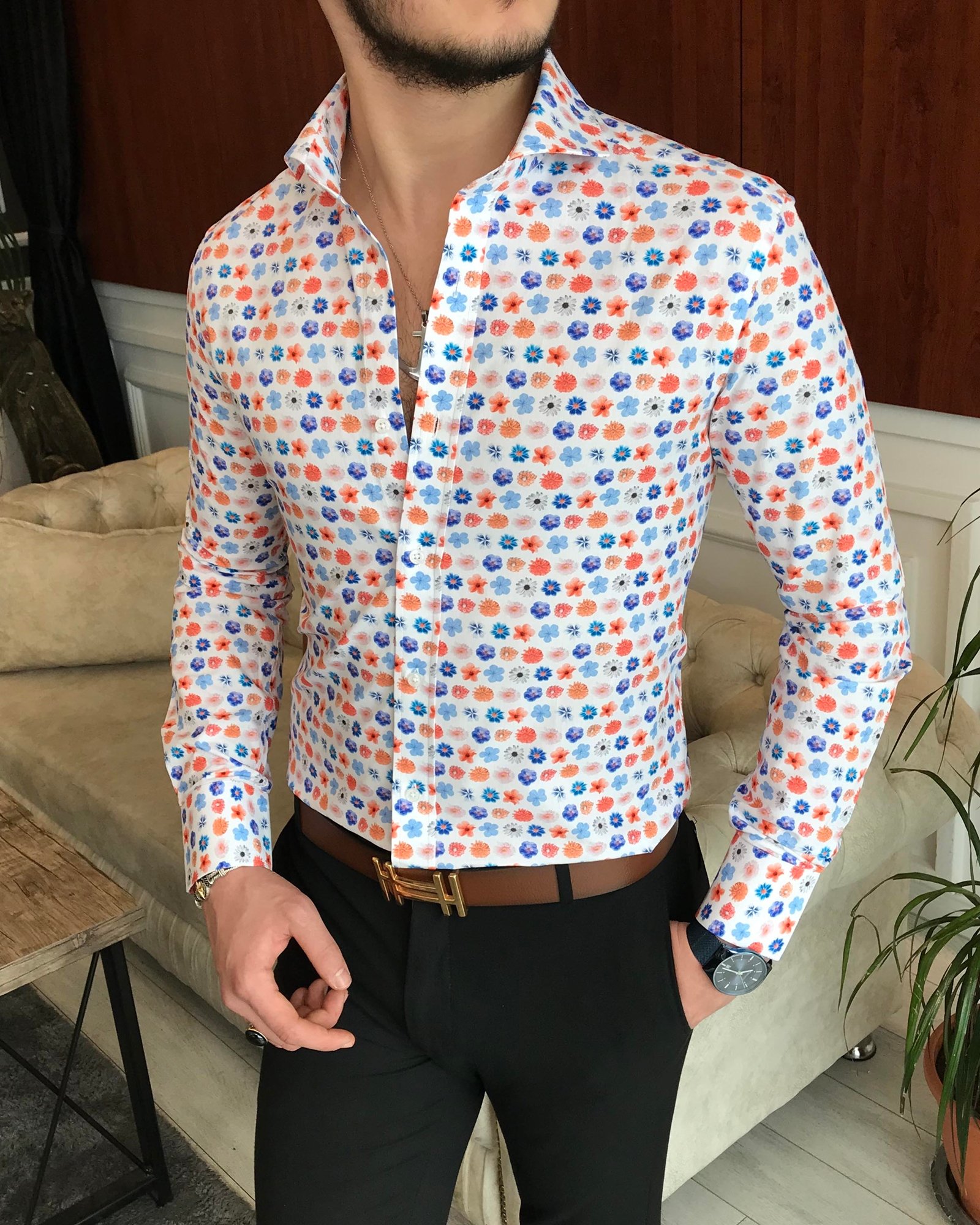 İtalyan yaka slim fit erkek desenli pamuk gömlek Beyaz T6874