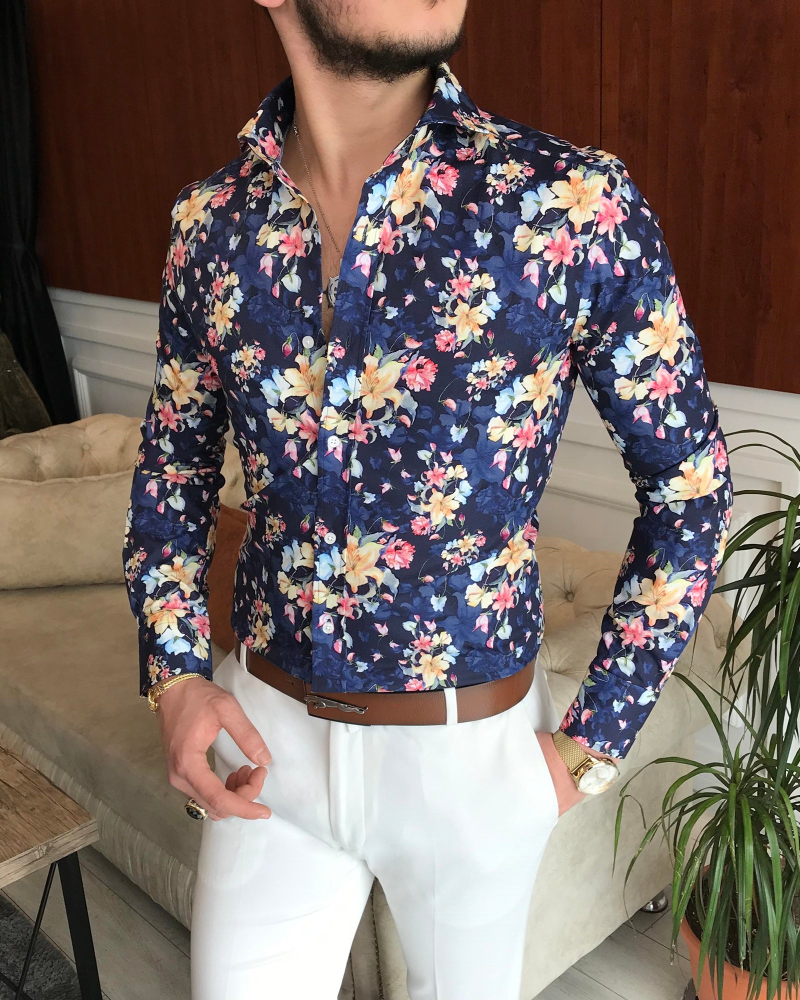İtalyan yaka slim fit erkek desenli pamuk gömlek Lacivert T6869