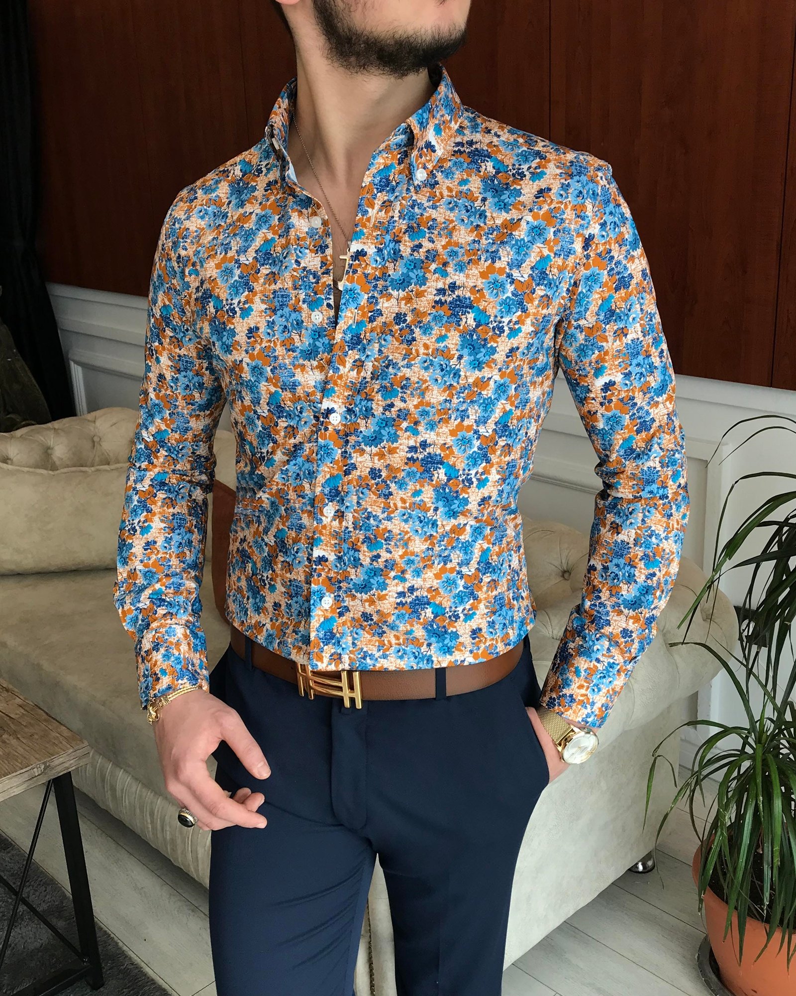 İtalyan yaka slim fit erkek desenli pamuk gömlek Çok Renkli T6864
