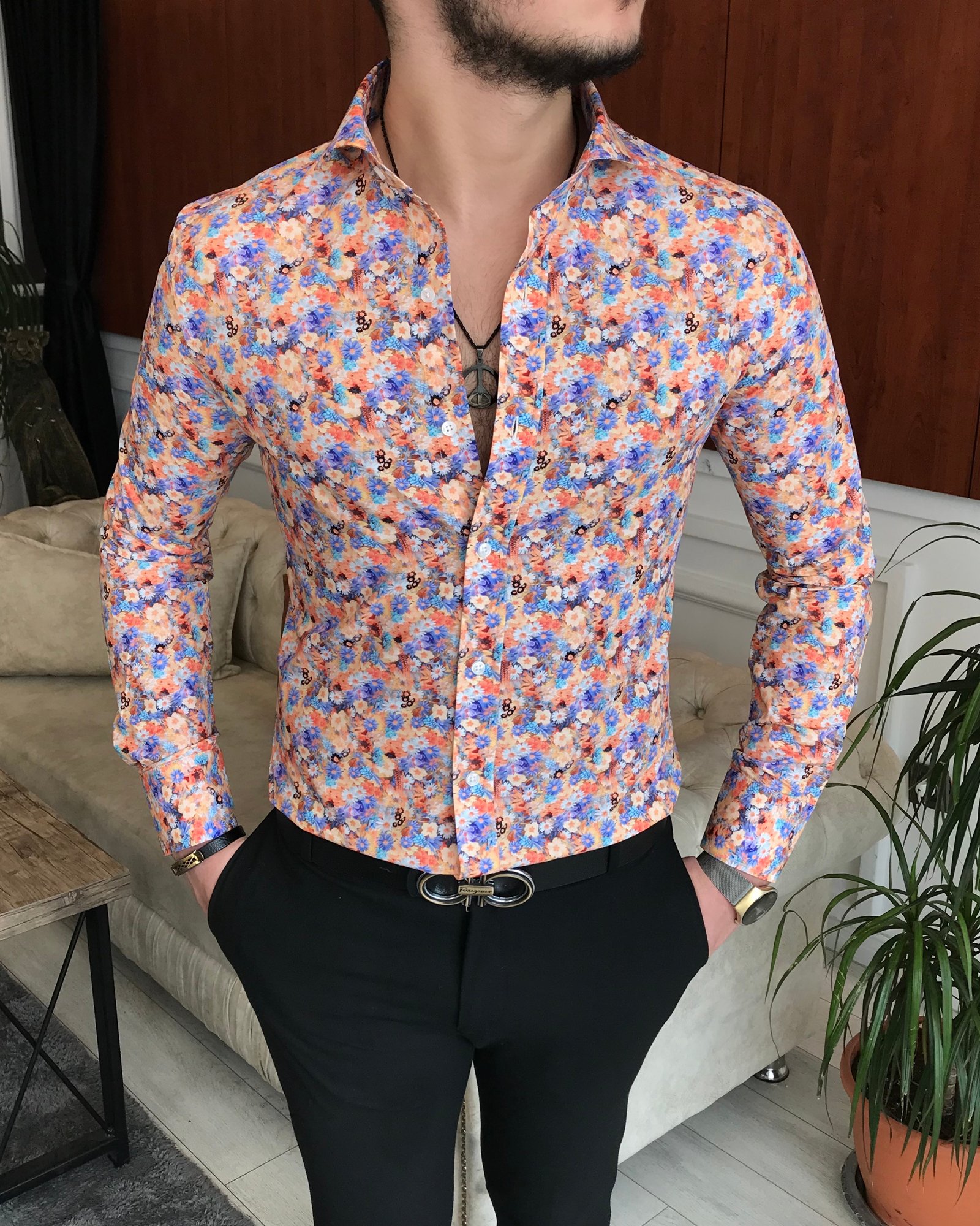 İtalyan yaka slim fit erkek desenli pamuk gömlek Turuncu T6867