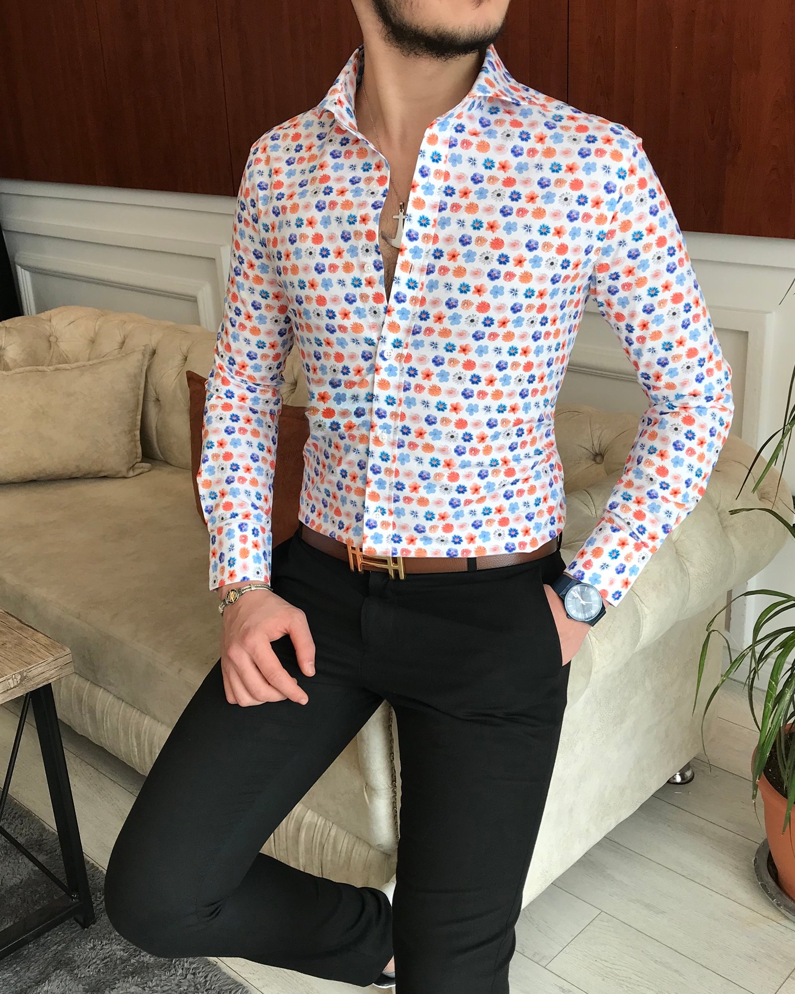 İtalyan yaka slim fit erkek desenli pamuk gömlek Beyaz T6874