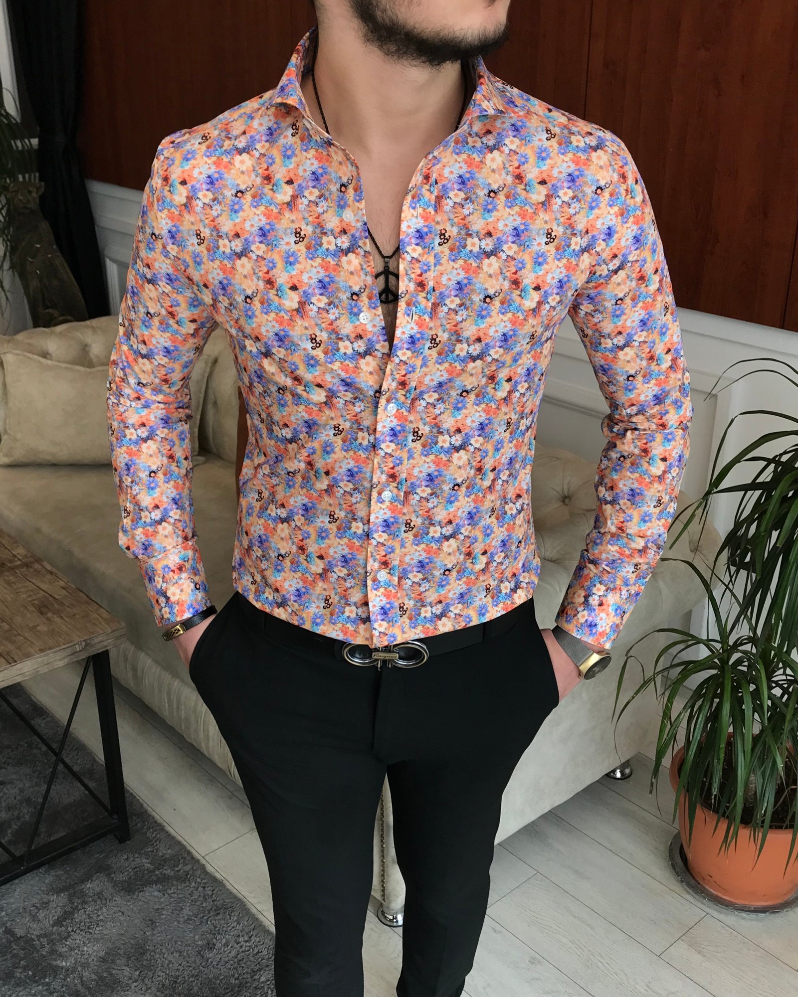 İtalyan yaka slim fit erkek desenli pamuk gömlek Turuncu T6867