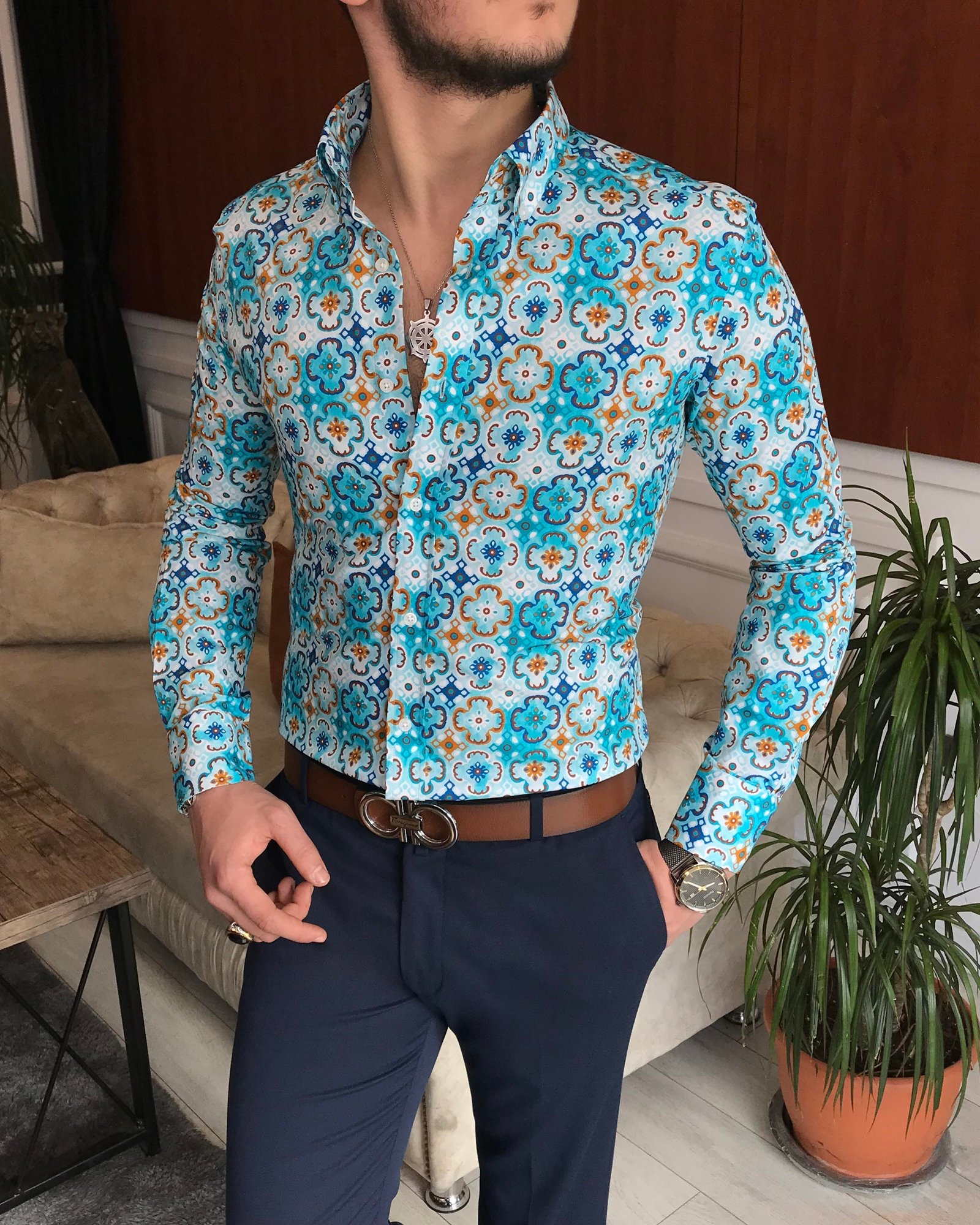 İtalyan yaka slim fit erkek desenli pamuk gömlek yeşil T6875