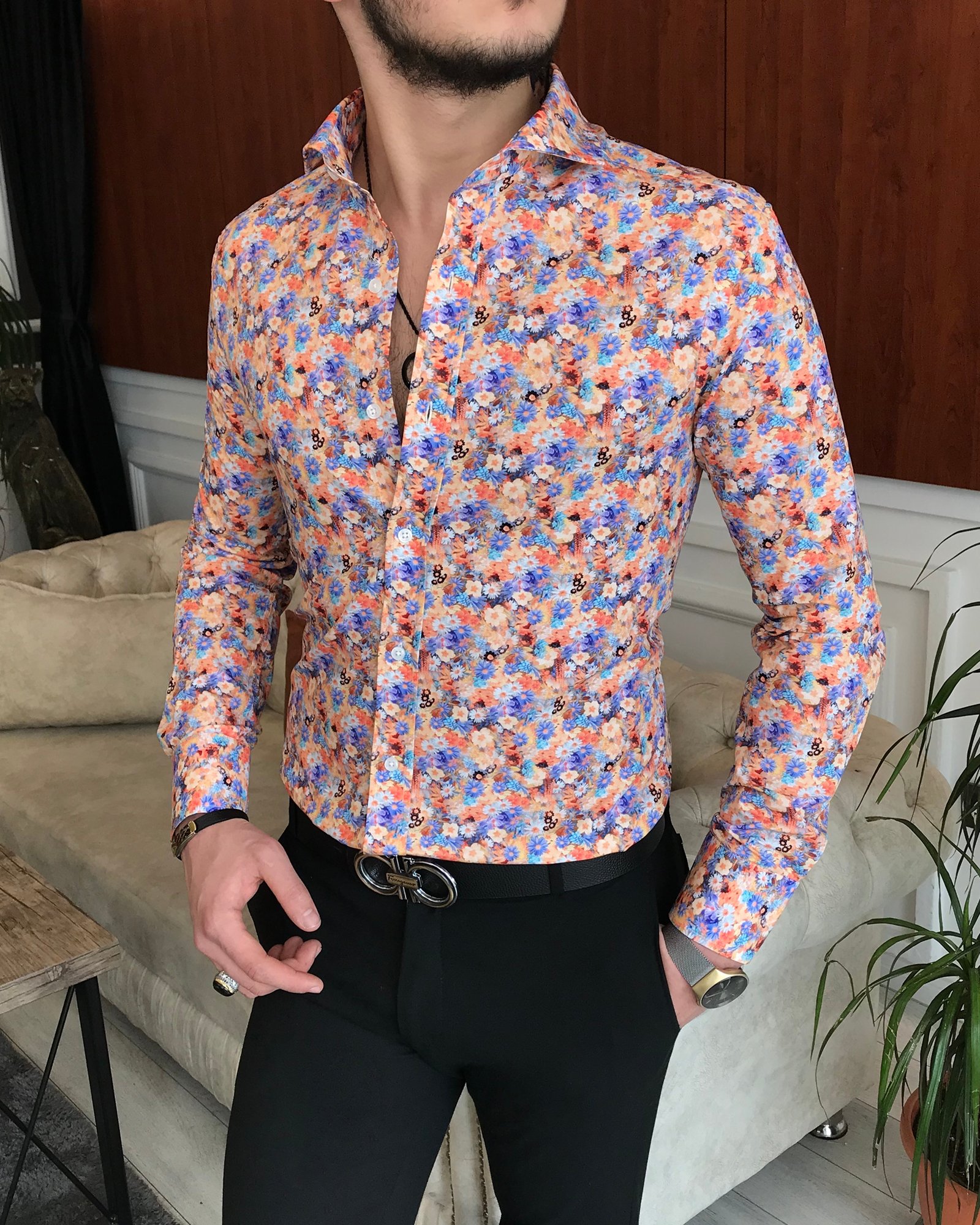 İtalyan yaka slim fit erkek desenli pamuk gömlek Turuncu T6867