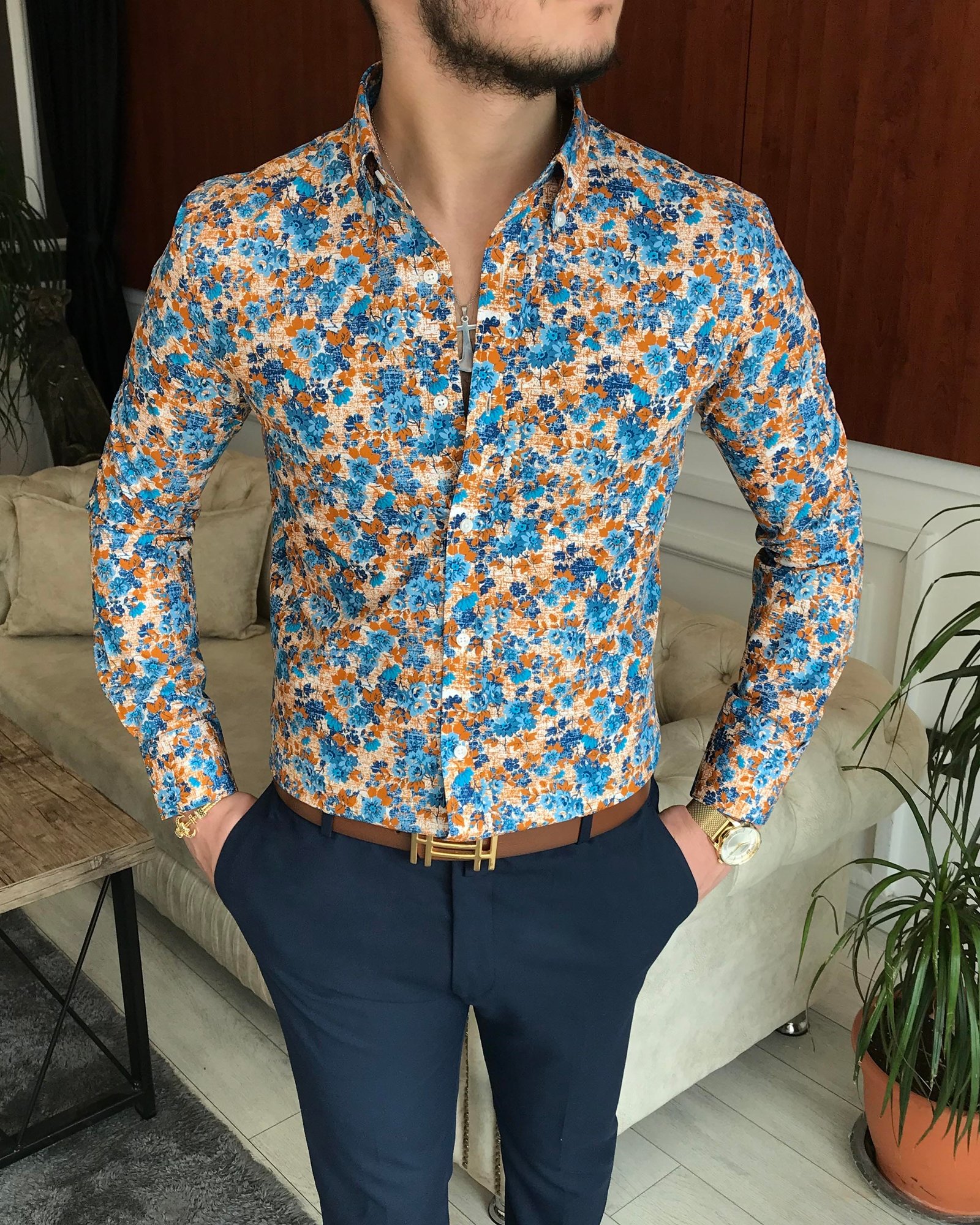 İtalyan yaka slim fit erkek desenli pamuk gömlek Çok Renkli T6864