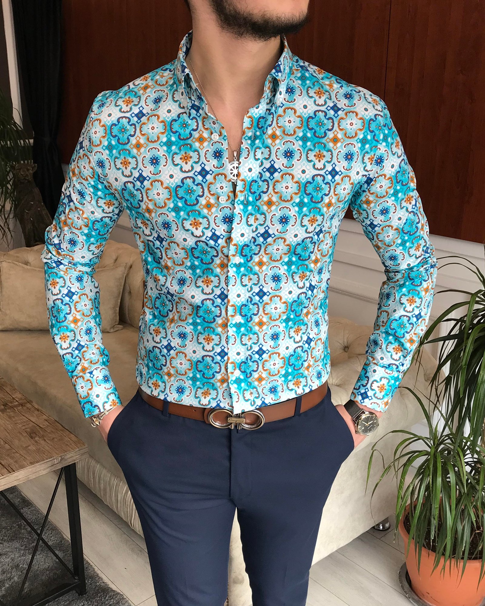 İtalyan yaka slim fit erkek desenli pamuk gömlek yeşil T6875
