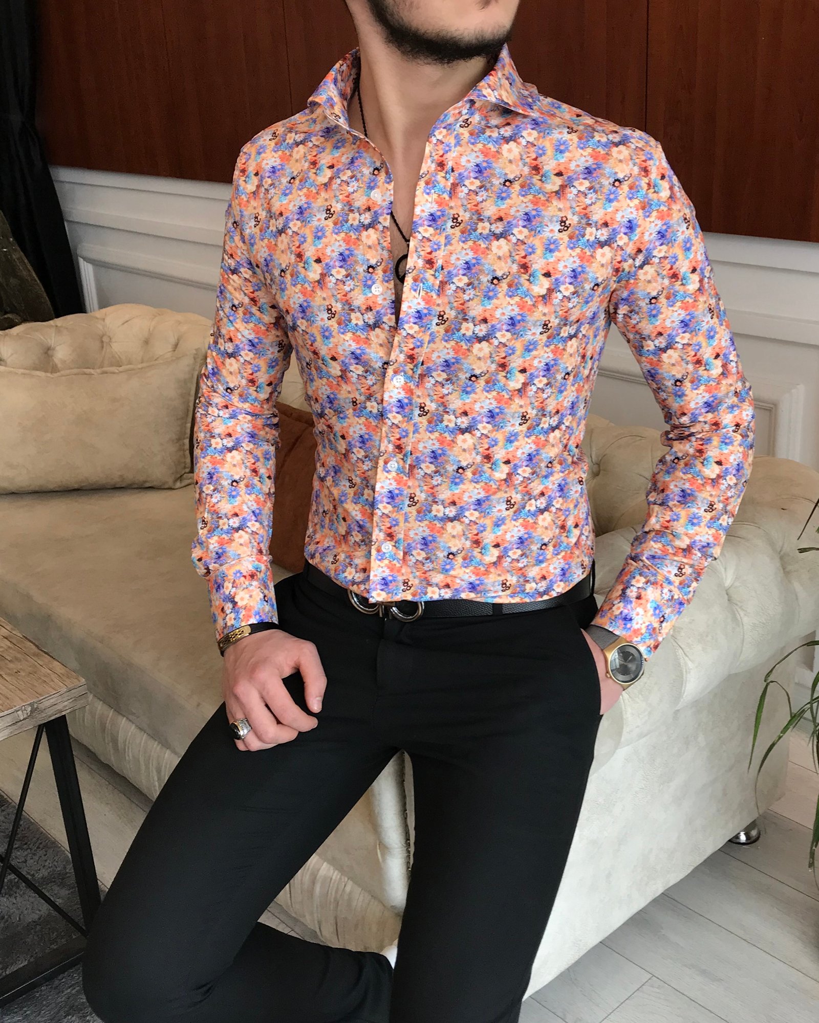 İtalyan yaka slim fit erkek desenli pamuk gömlek Turuncu T6867