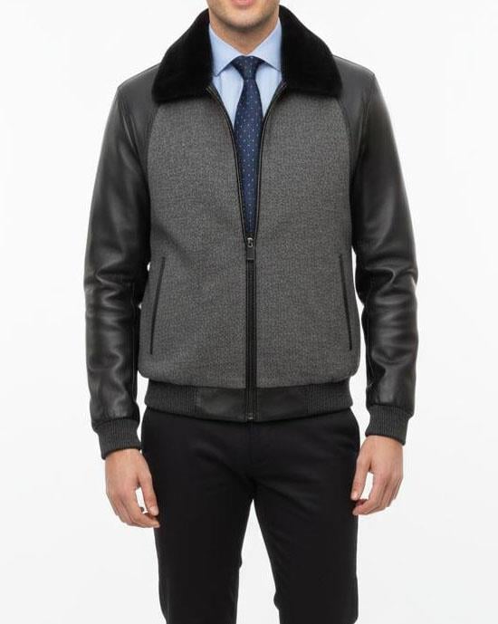 Itayan stil kürk yaka orijinal deri detaylı mont ceket gri T10501