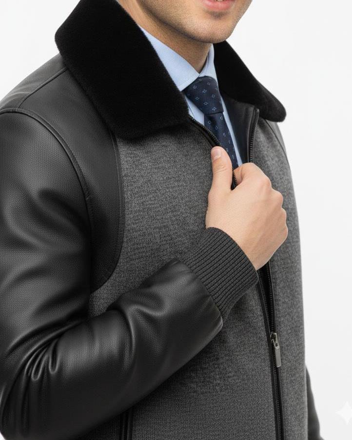 Itayan stil kürk yaka orijinal deri detaylı mont ceket gri T10501