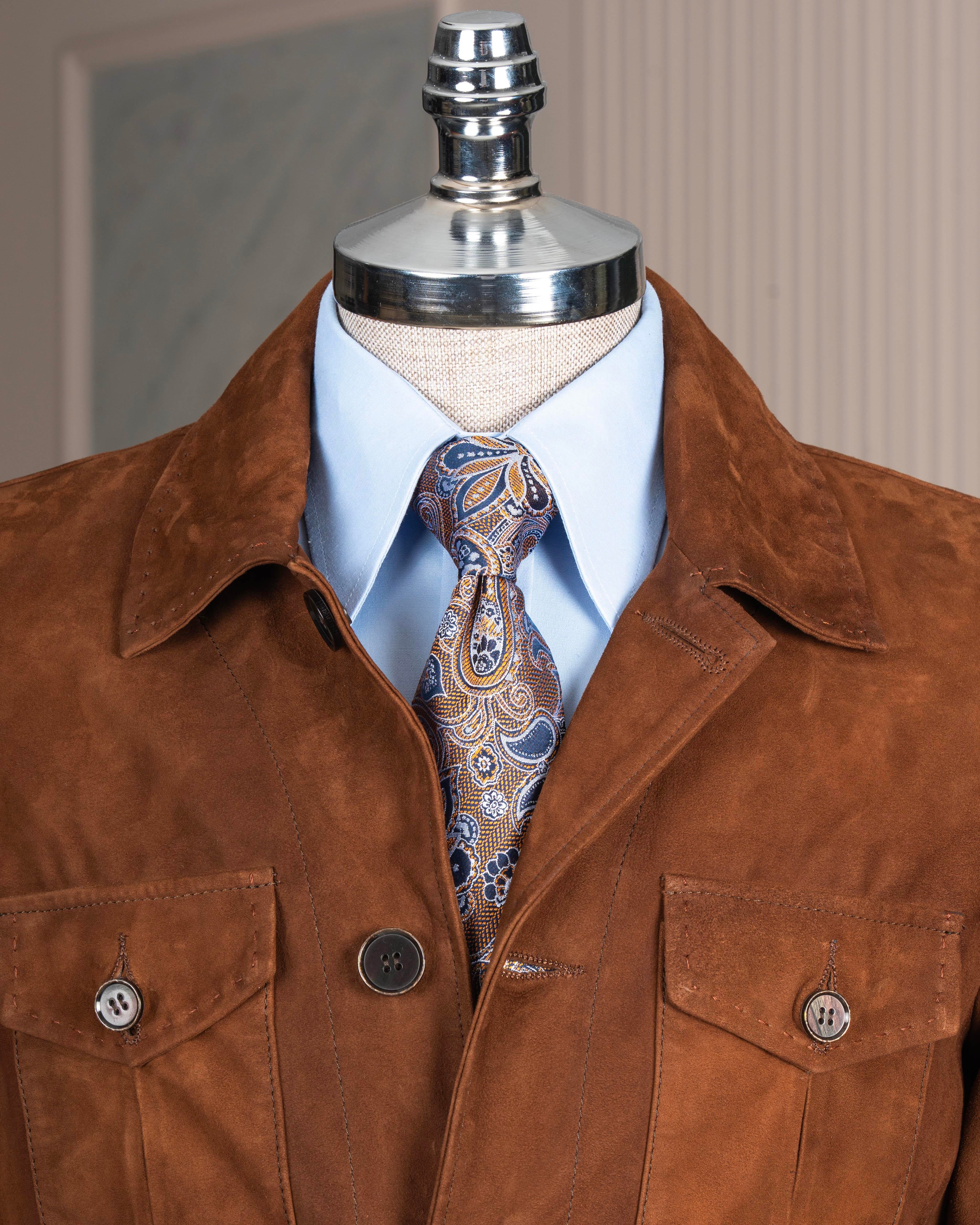 Itayan stil slim fit düğmeli orijinal süet deri mont taba T11819