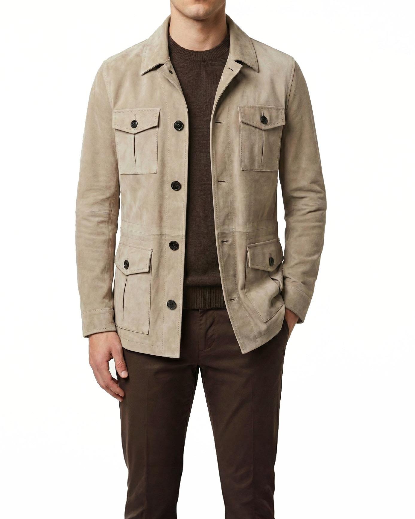 Itayan stil slim fit düğmeli orijinal süet deri mont bej T11681