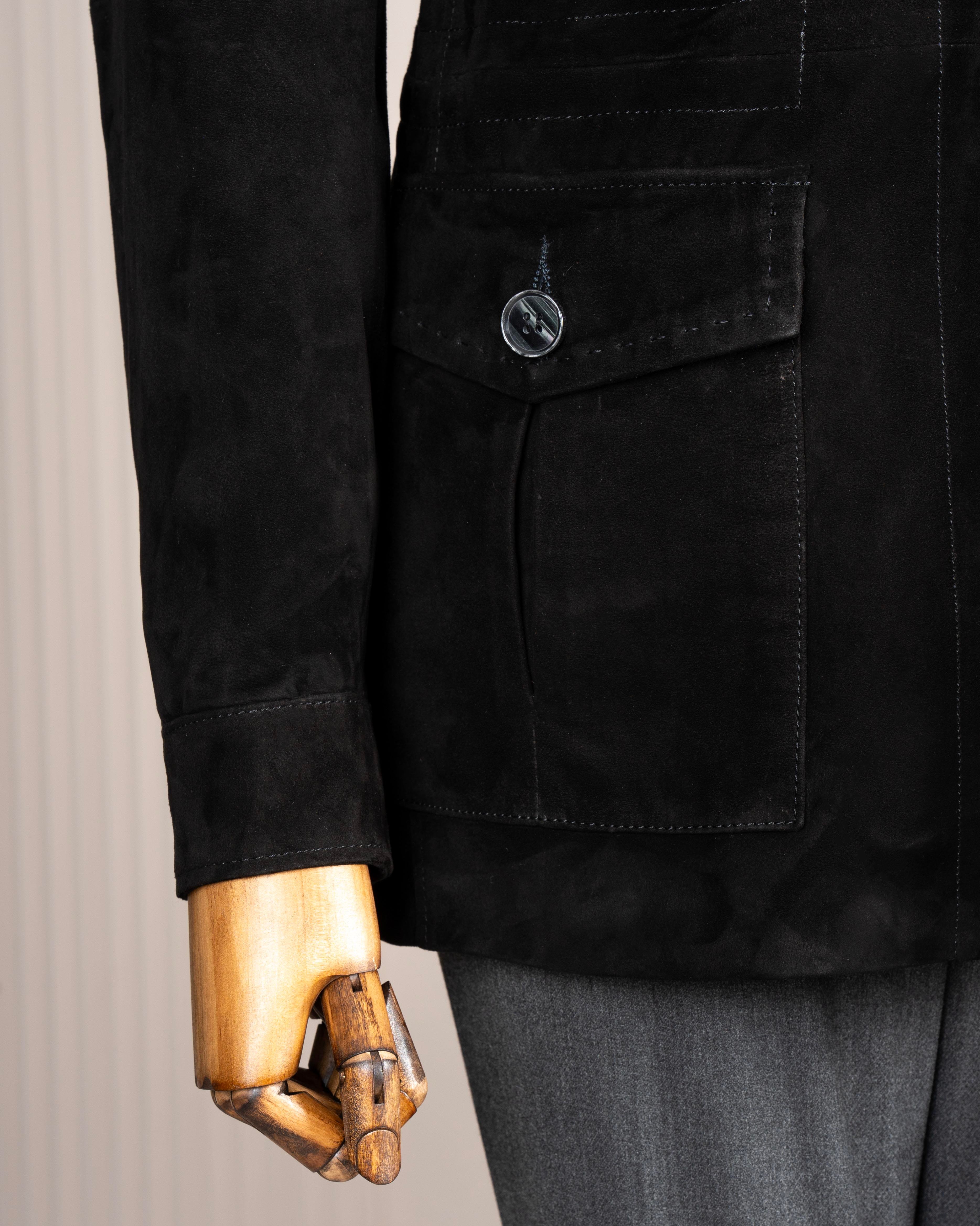 Itayan stil slim fit düğmeli orijinal süet deri mont siyah T11682