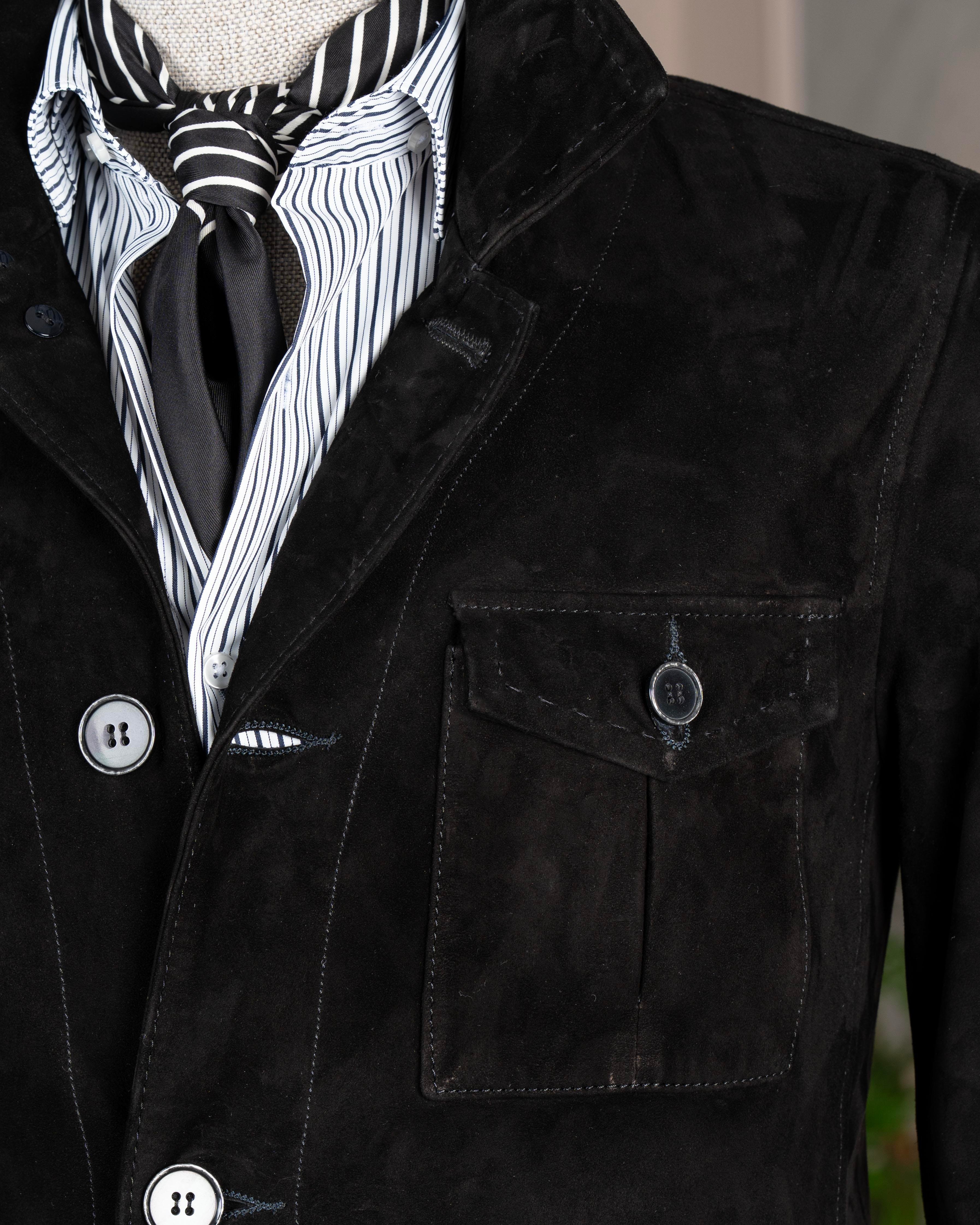 Itayan stil slim fit düğmeli orijinal süet deri mont siyah T11682