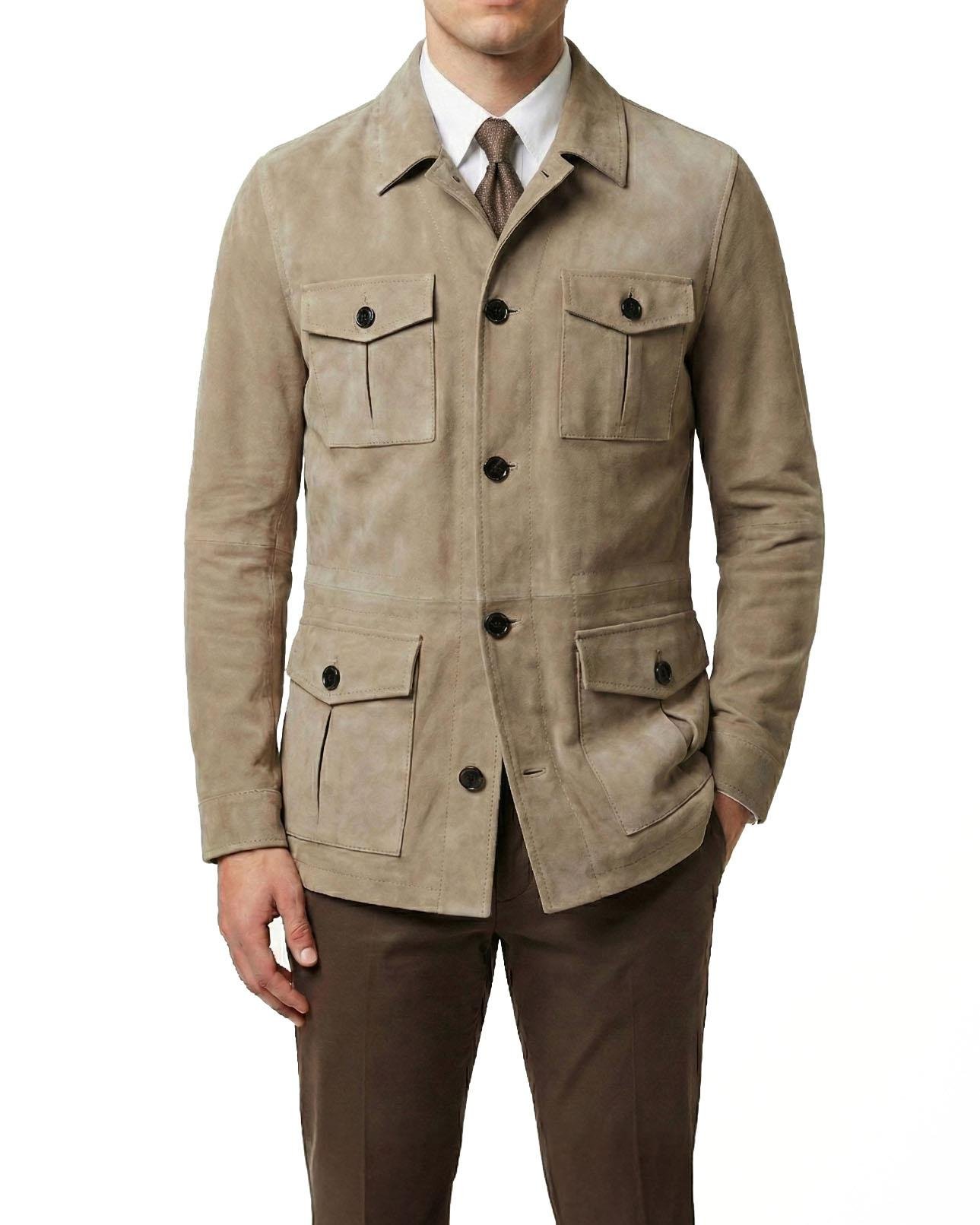 Itayan stil slim fit düğmeli orijinal süet deri mont bej T11681