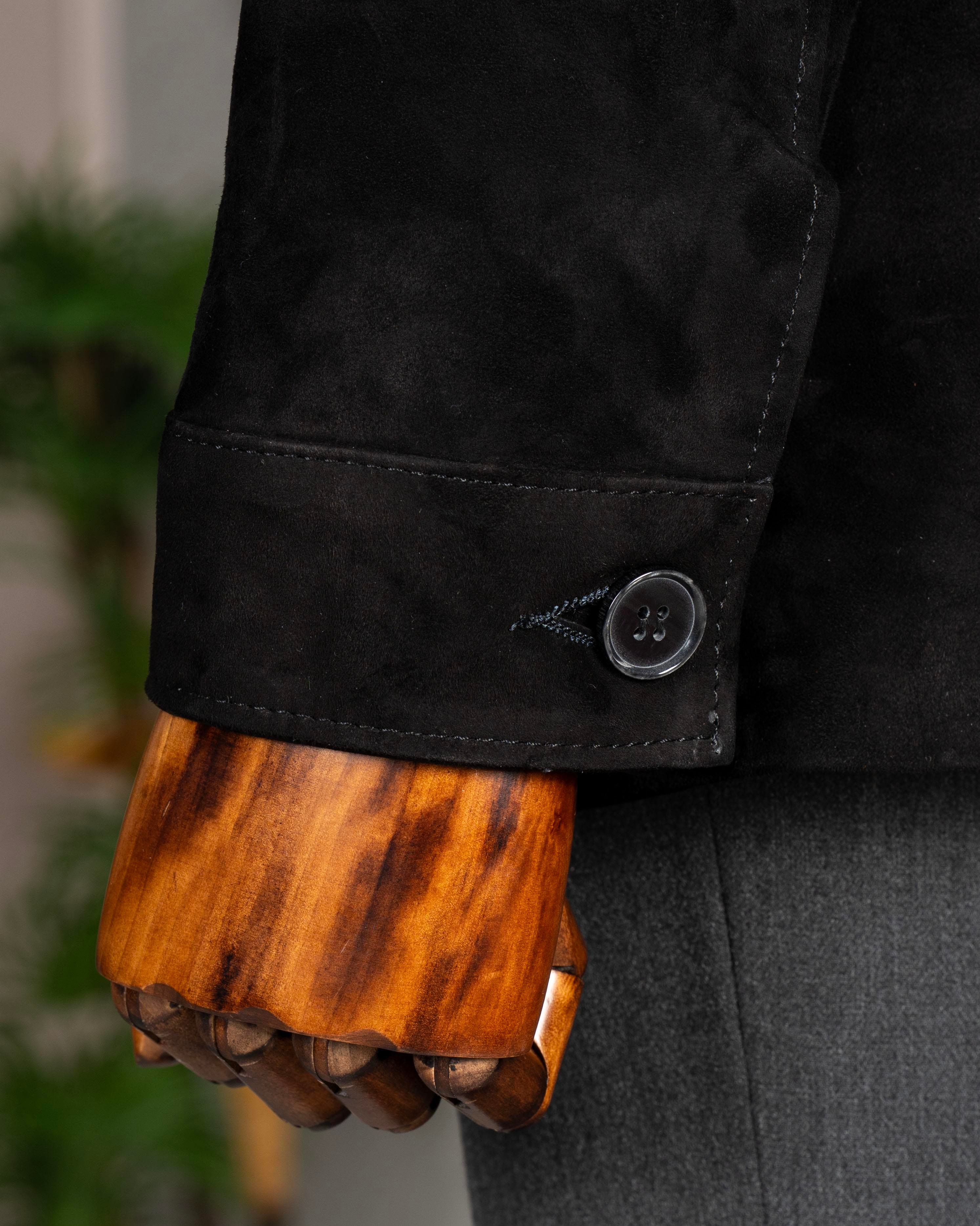 Itayan stil slim fit düğmeli orijinal süet deri mont siyah T11682