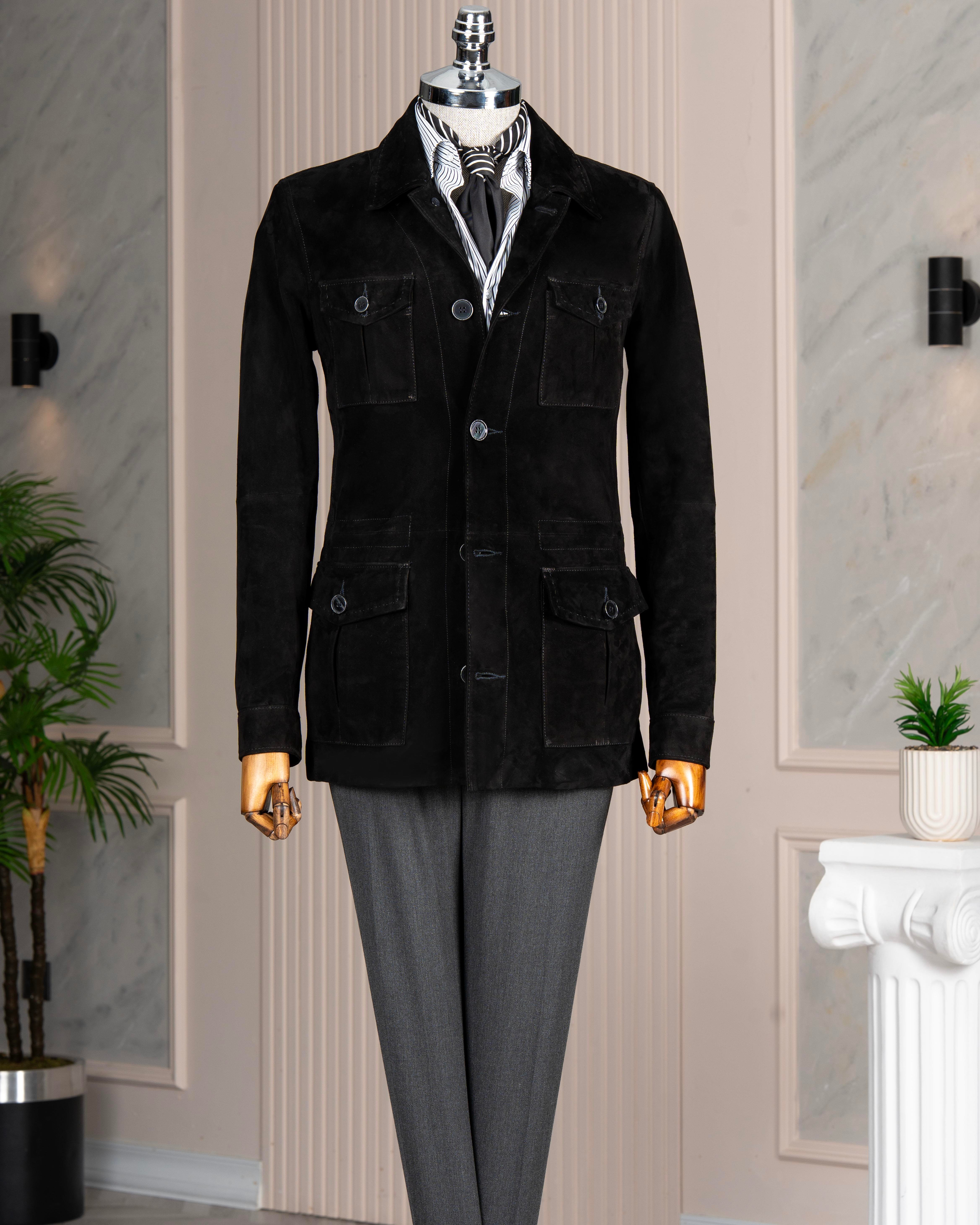 Itayan stil slim fit düğmeli orijinal süet deri mont siyah T11682